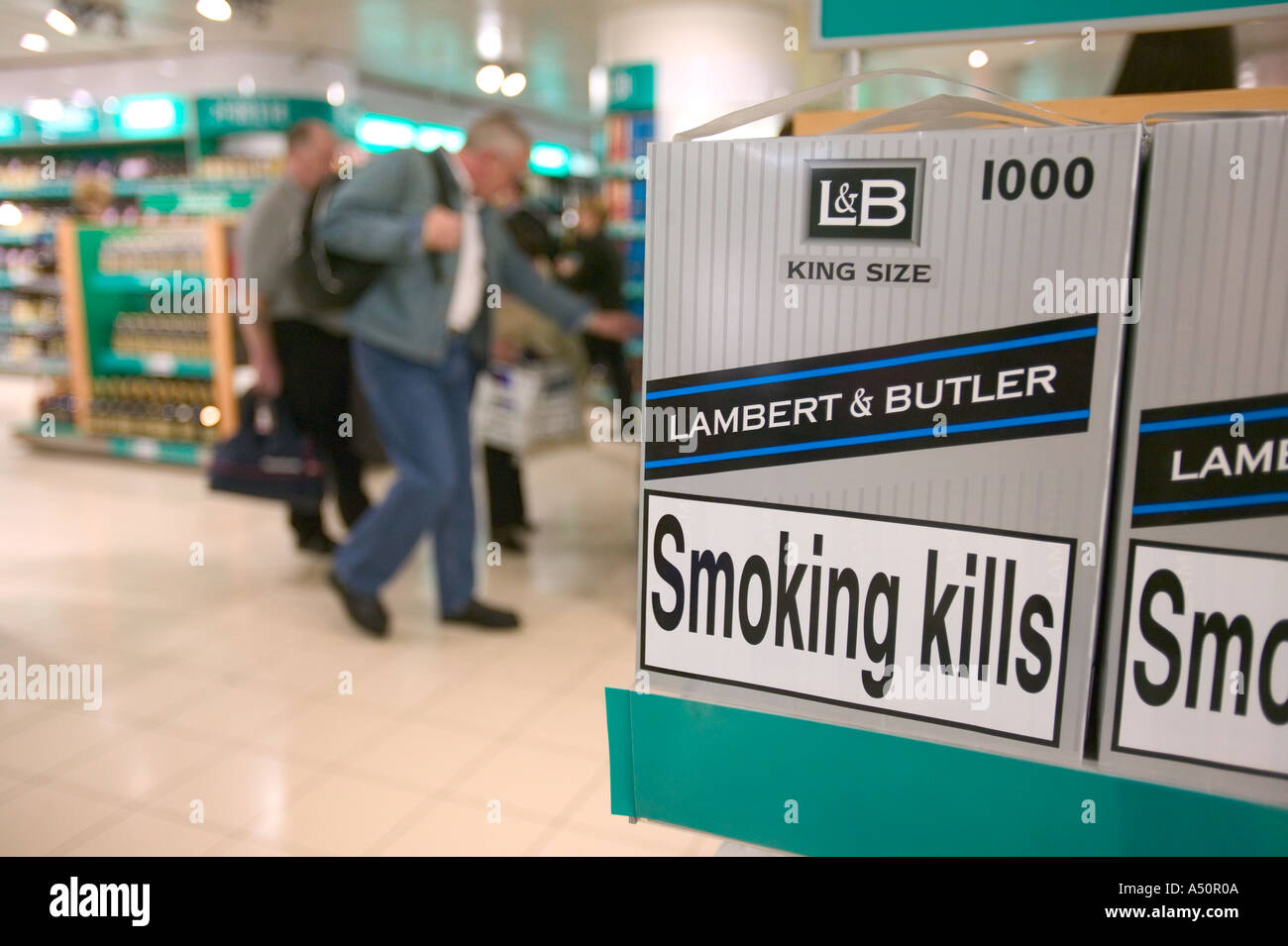 health warnings on duty free cigarettes at Manchester airport Stock