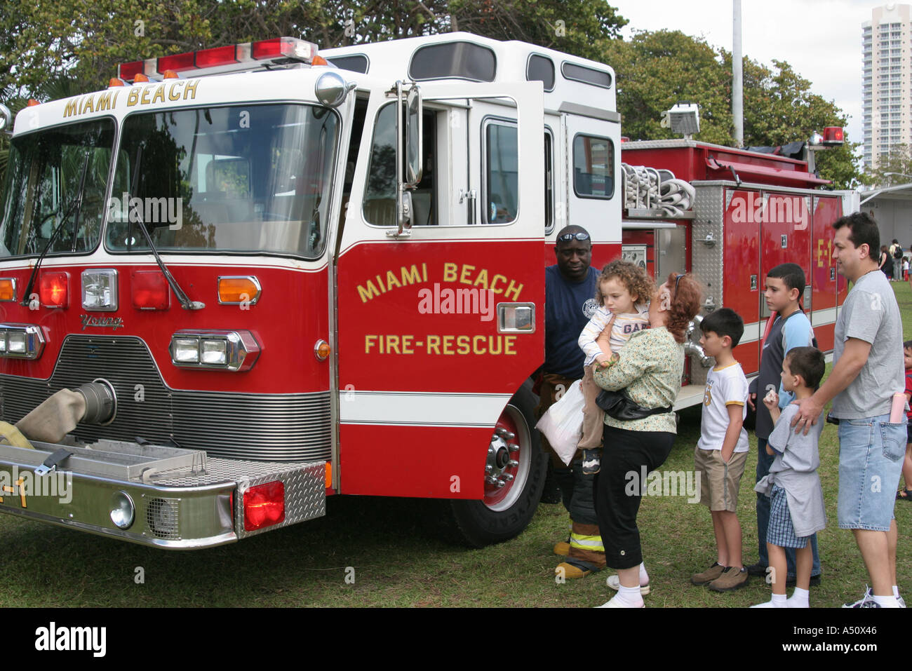 Miami Beach Florida,North Shore Park,Parks and Recreation Department Youth Expo,fire engine truck,lorry,residents,visitors travel traveling tour touri Stock Photo