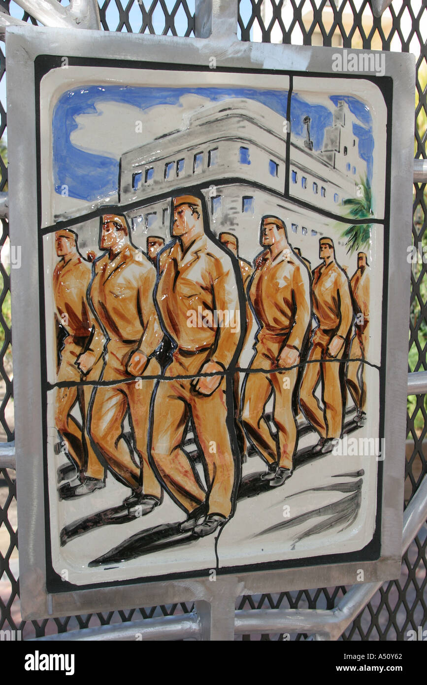 Miami Beach Florida,Collins Avenue Victory Garden,ceramic plate depicts World War two 2 soldiers,visitors travel traveling tour tourist tourism landma Stock Photo