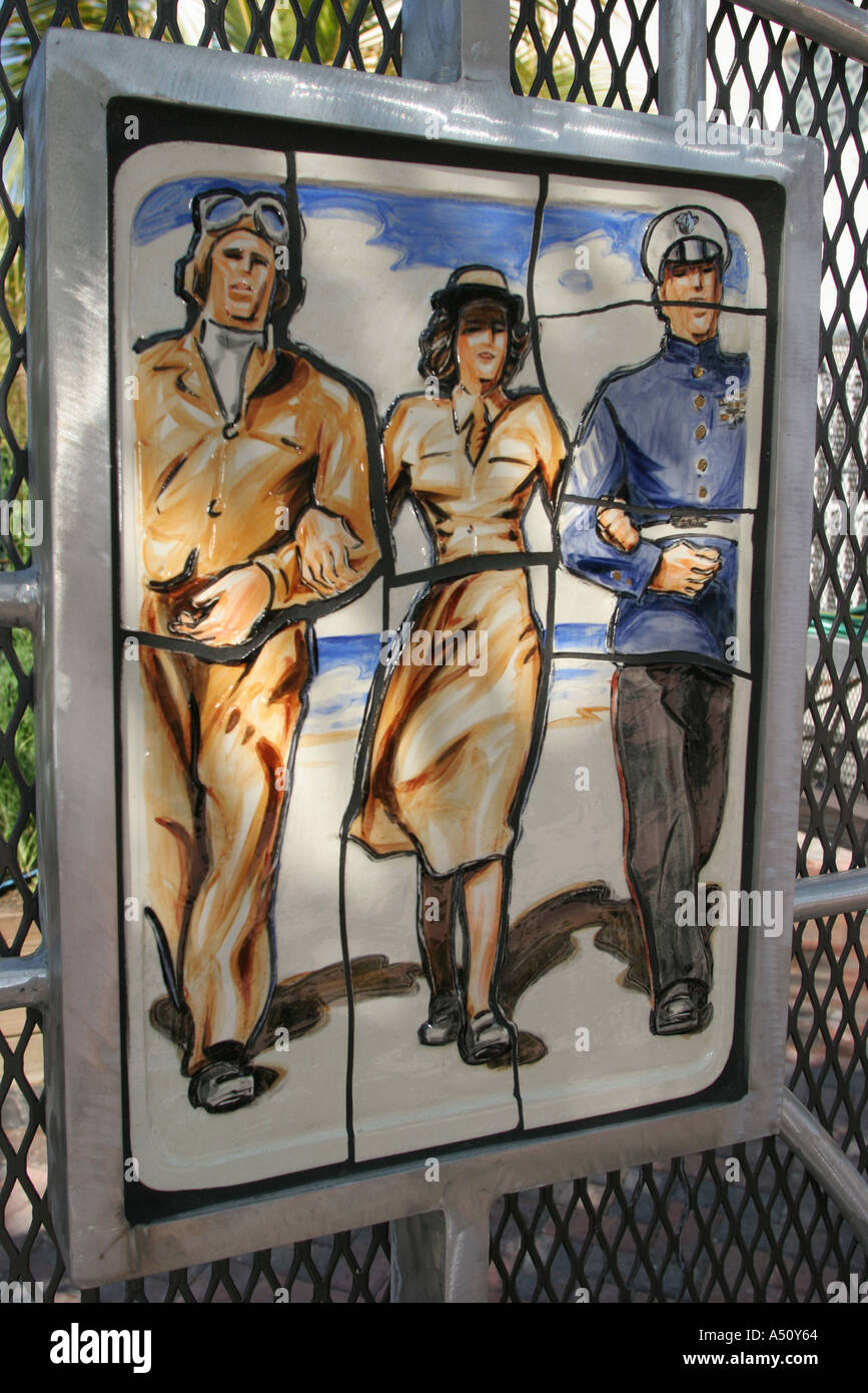 Miami Beach Florida,Collins Avenue Victory Garden,ceramic plate depicts World War two 2 soldiers,visitors travel traveling tour tourist tourism landma Stock Photo