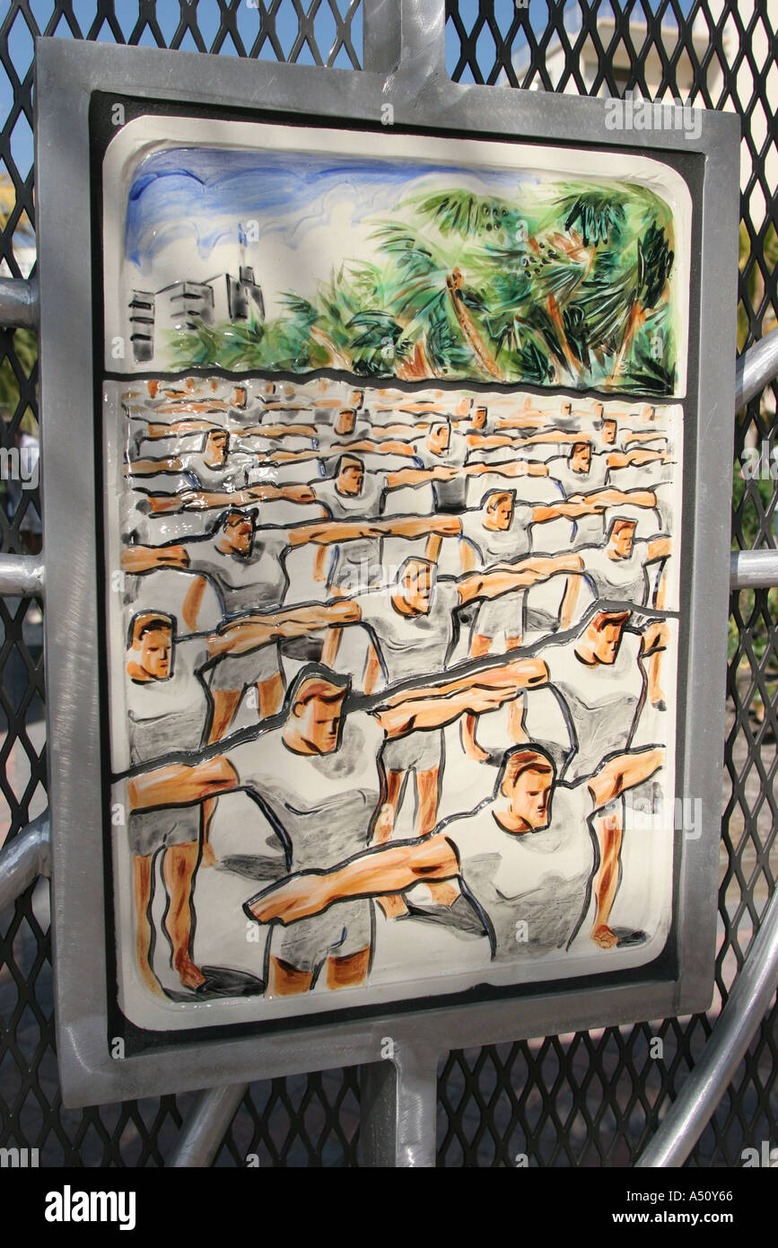 Miami Beach Florida,Collins Avenue Victory Garden,ceramic plate depicts World War two 2 nostalgia nostalgic retro,visitors travel traveling tour touri Stock Photo