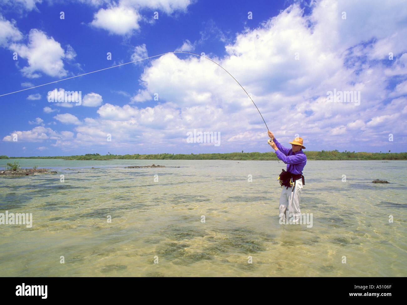 Man fly fishing for bonefish on the island of Cozumel in the state of Quintana Roo in Mexico Stock Photo