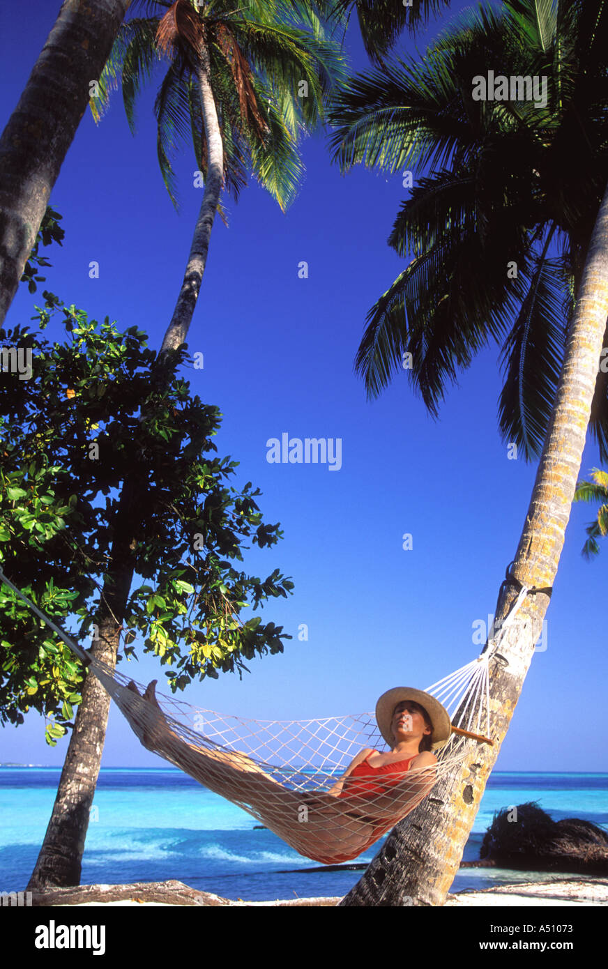 Woman relaxing in hammock under palm trees Kuda Bandos Island North Male Atoll Maldives Indian Ocean Stock Photo