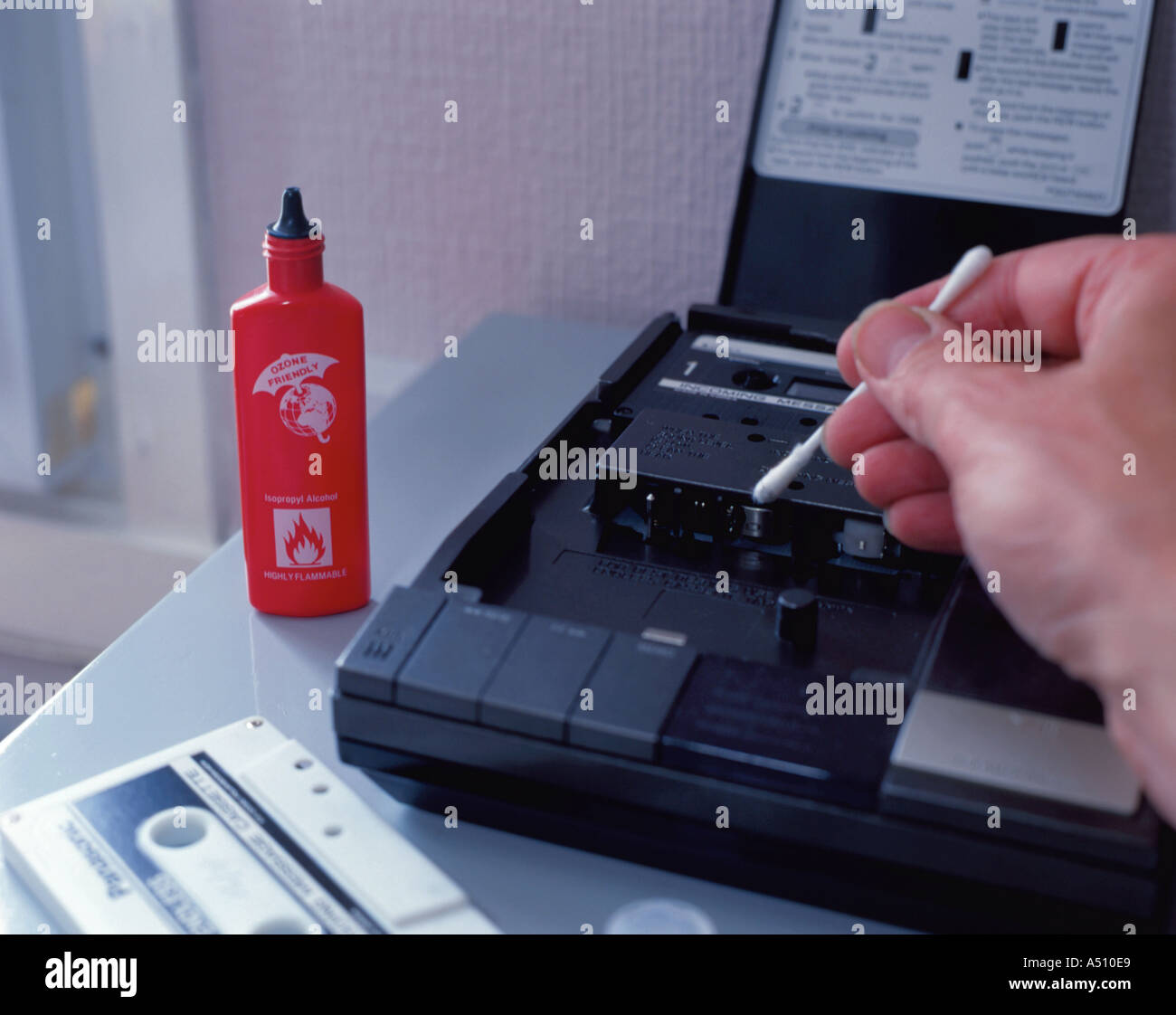 Cleaning the recording heads on a telephone answering machine Stock