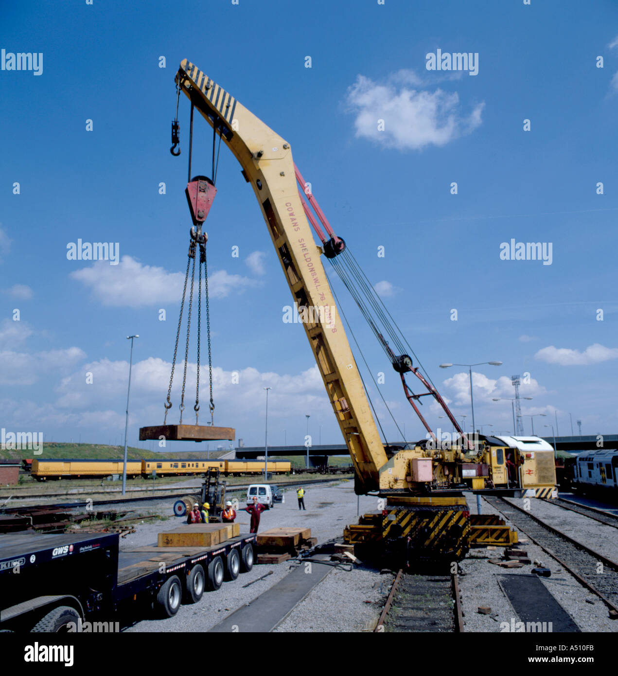 Cowans Sheldon 76 tonne strut jib rail crane undergoing a load test. Stock Photo