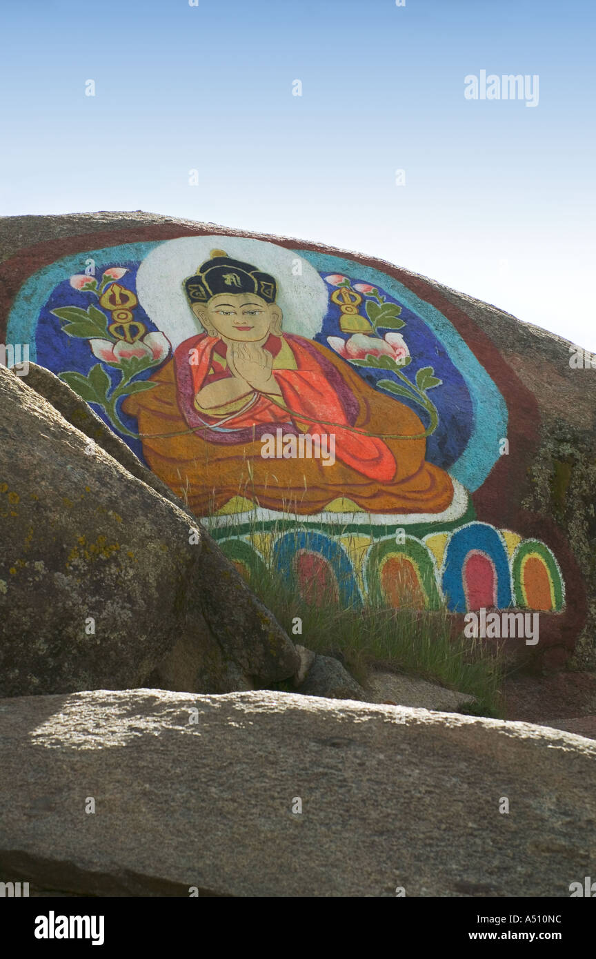 Buddhist portrait on rocks Drepung Temple Lhasa Tibet China Stock Photo ...