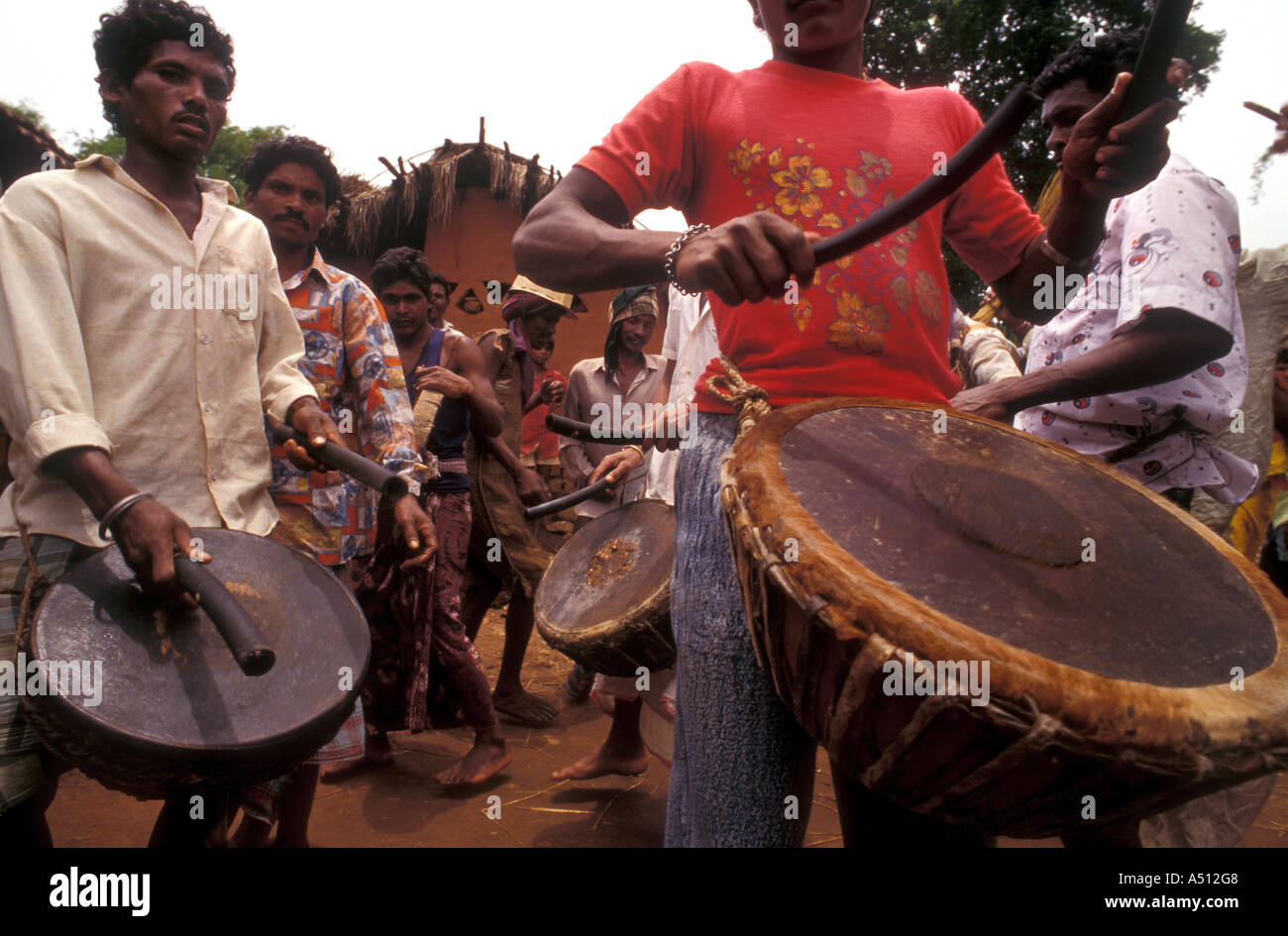 Drummers accompanying tribal dancers of Koraput district Orissa Stock Photo