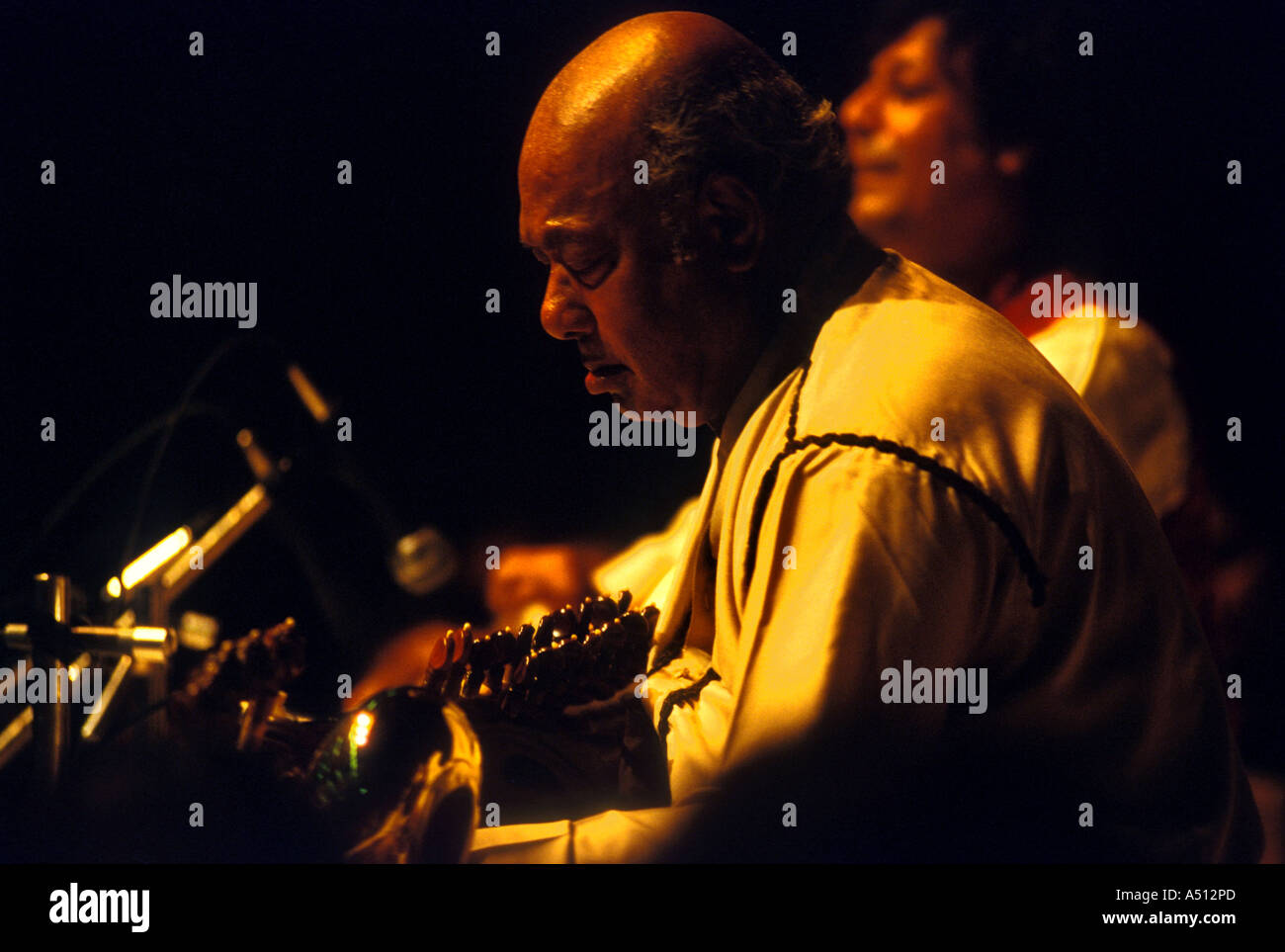 Indian classical musicians Ustad Ali Akbar Khan playing Sarod Stock