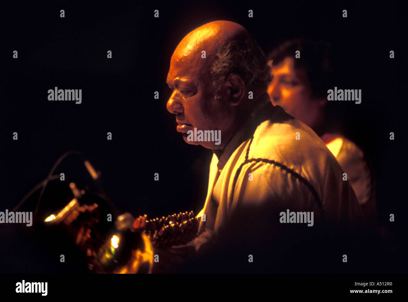 Indian classical musicians Ustad Ali Akbar Khan playing Sarod Stock