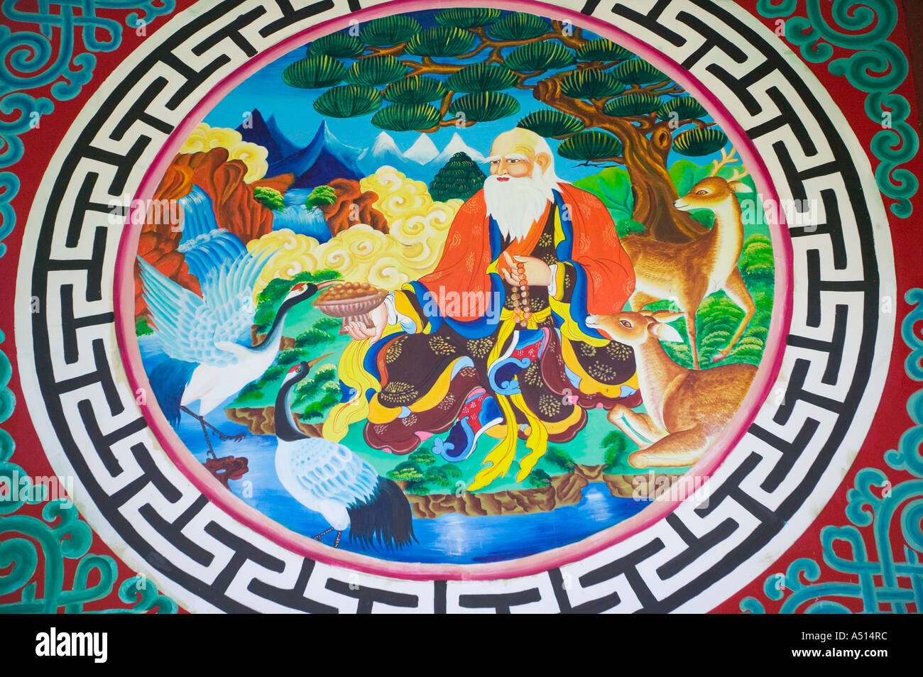 Mural of God of Longevity with deer crane and pine trees symbol of