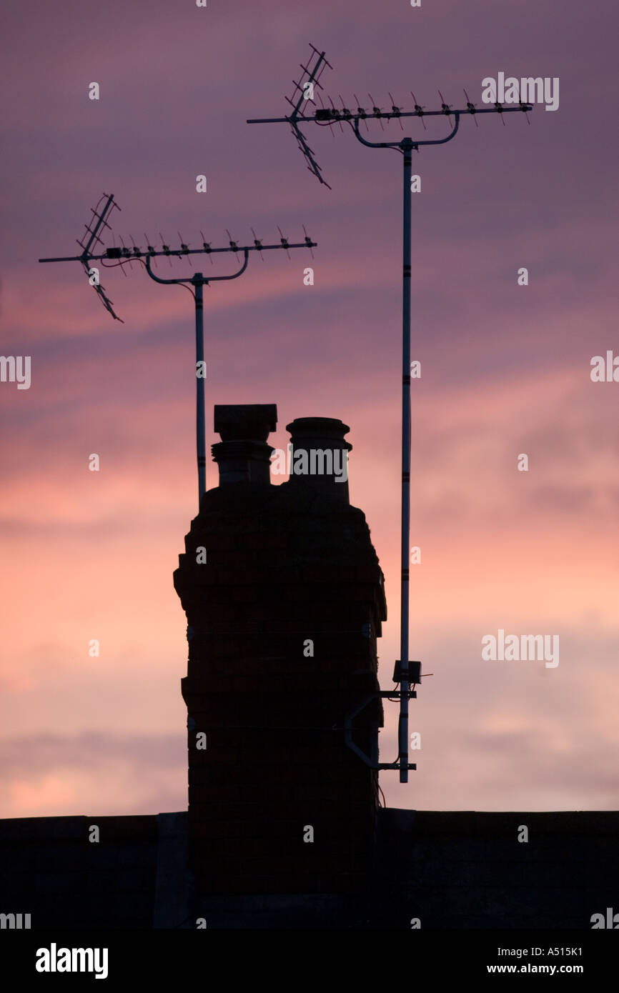 Silhoutte of TV ariels/antenna Stock Photo