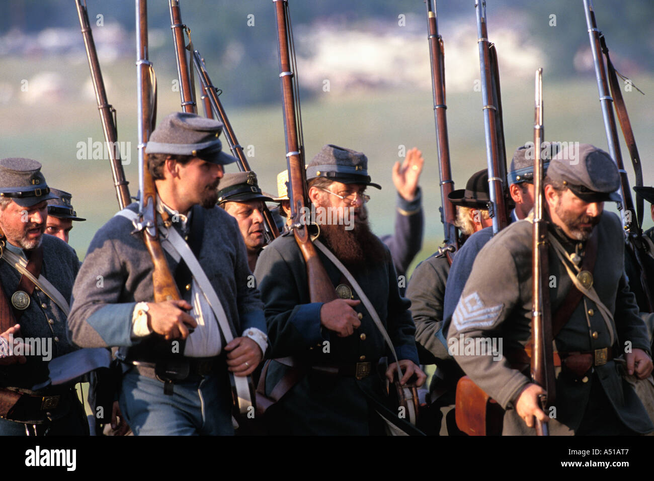 Union Army troops marching during the Battle of Gettysburg recreation Stock Photo