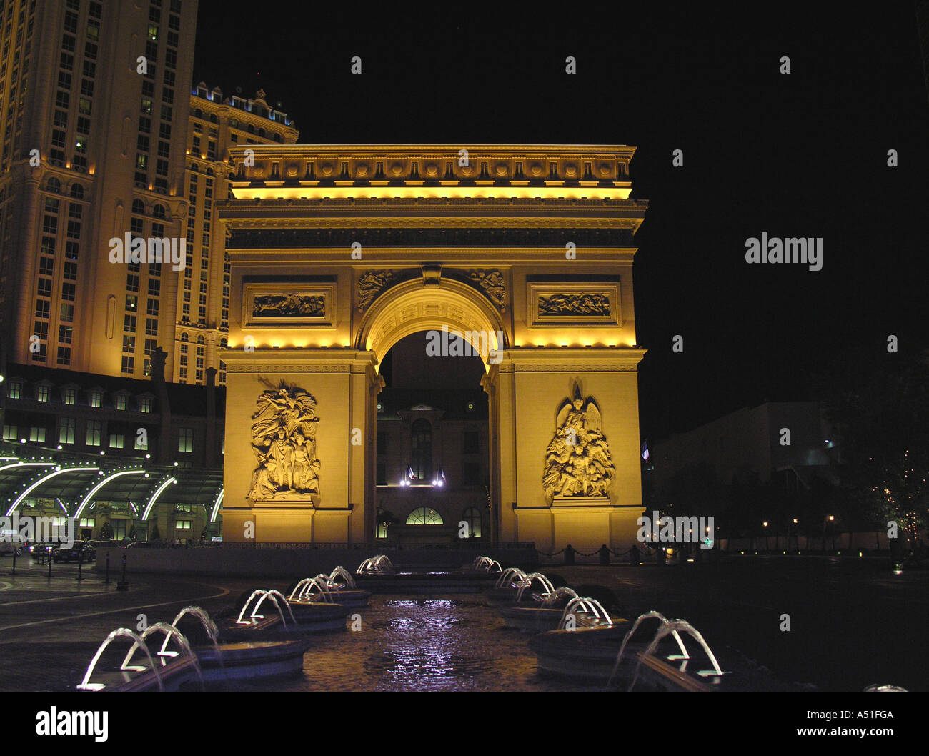 Las Vegas Arc de Triomphe Arch Triumph Paris Hotel Casino and Resort strip night neon lights building architecture travel touri Stock Photo