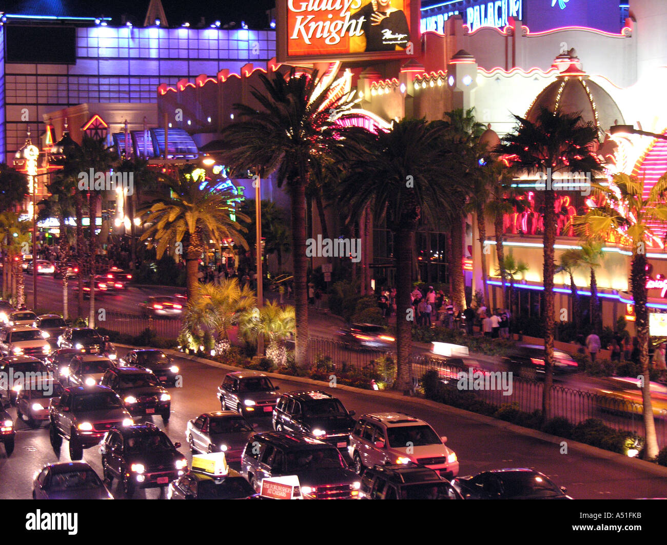 Las Vegas strip auto car traffic at night congestion nonstop traffic headlights above aerial Stock Photo