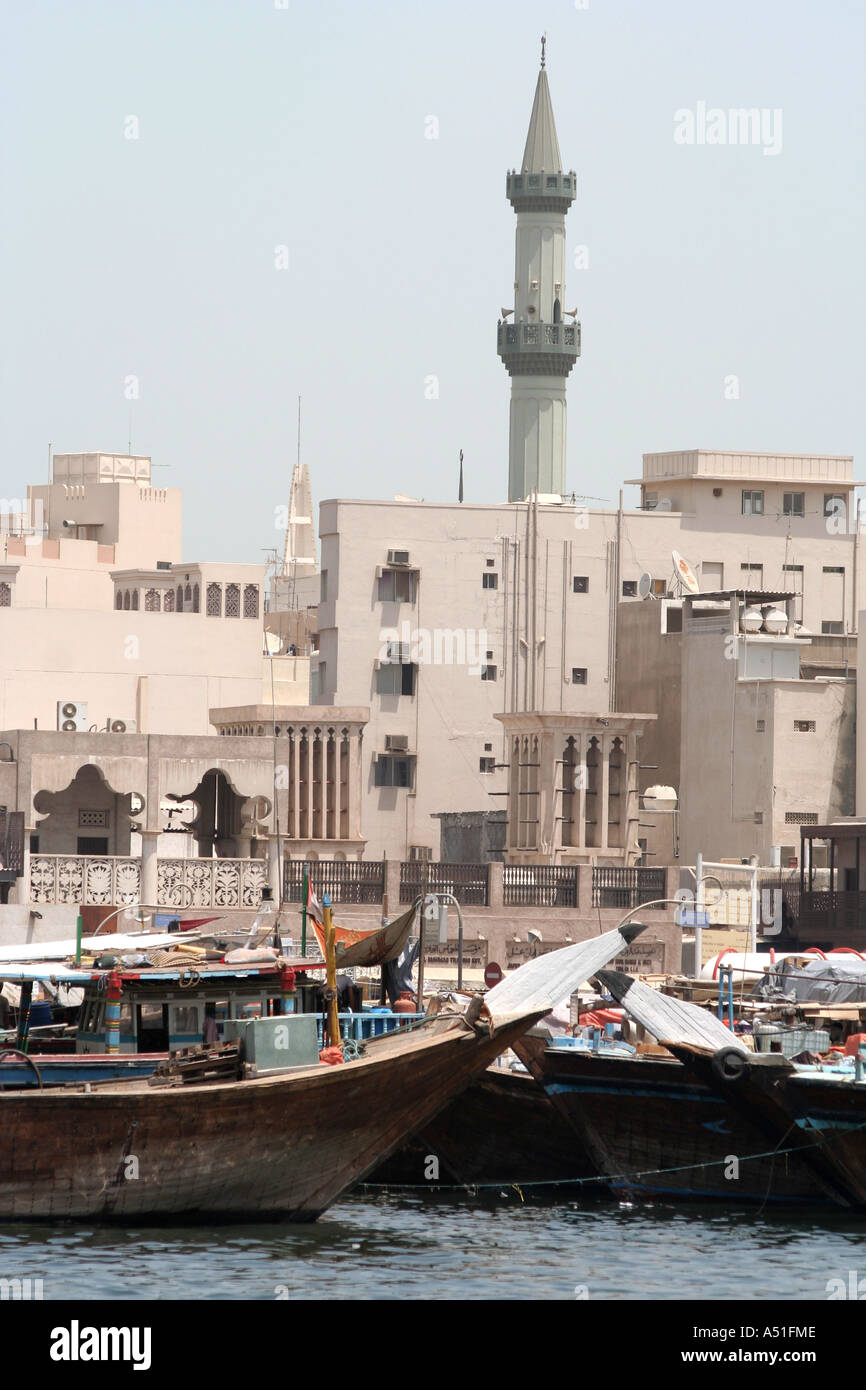 Dubai Creek:  Persian dhows at dock, UAE, United Arab Emirates Stock Photo