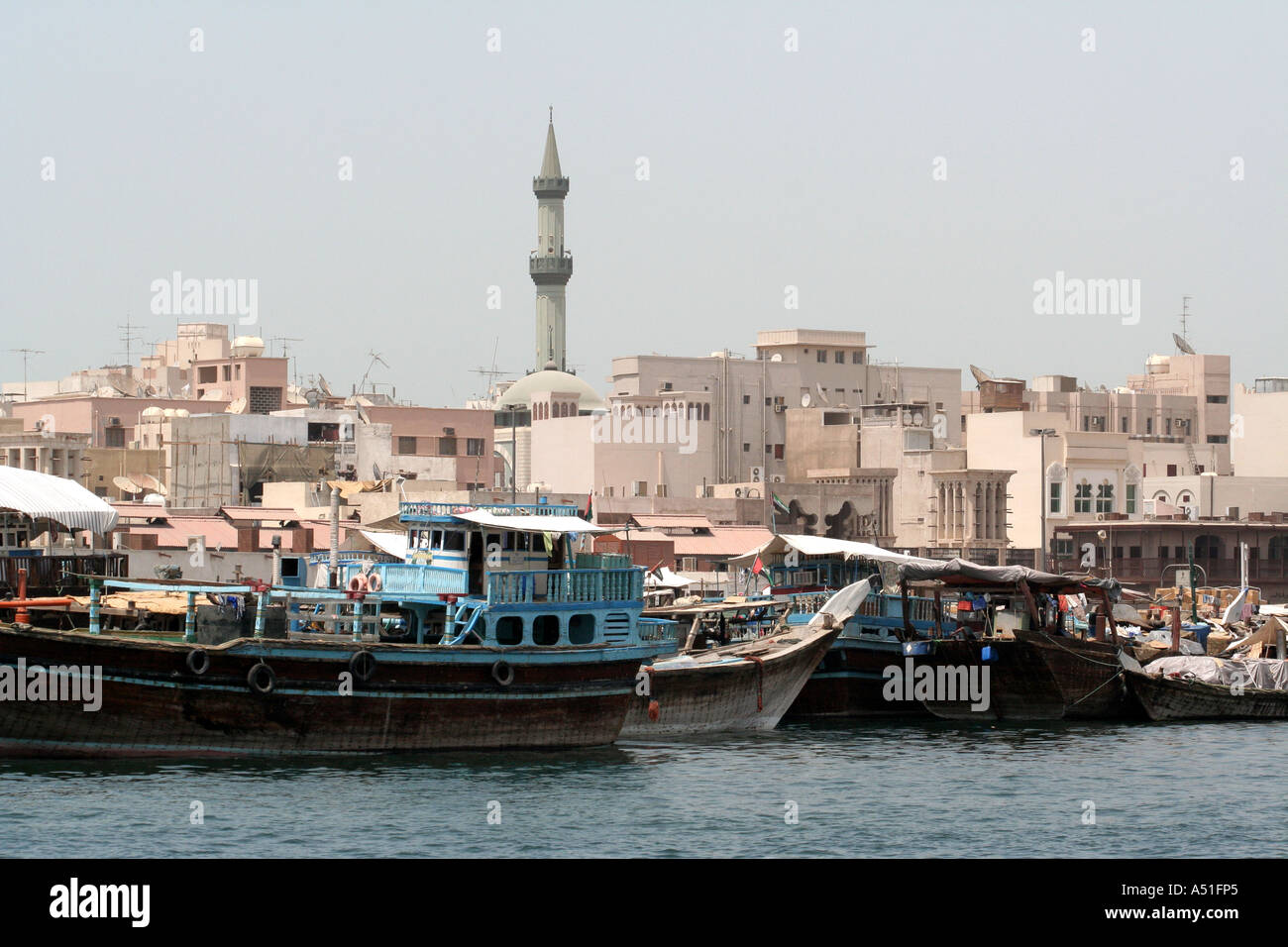 Dubai Creek:  Persian dhows at dock, UAE, United Arab Emirates Stock Photo
