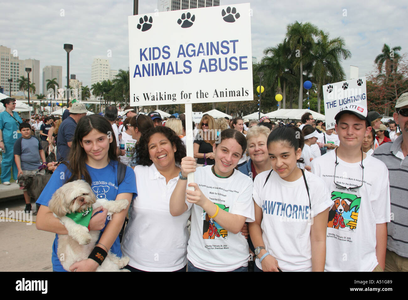 Miami Florida,Bayfront Park,Walk for the Animals,Humane Society event,dog dogs,pet pets,canine,animal,information,broadcast,publish,message,advertise, Stock Photo