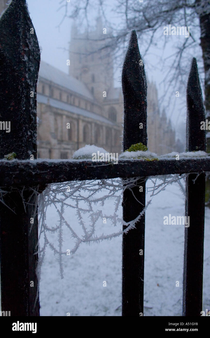 Icy cobwebs form on the iron railings around Selby Abbey Stock Photo ...