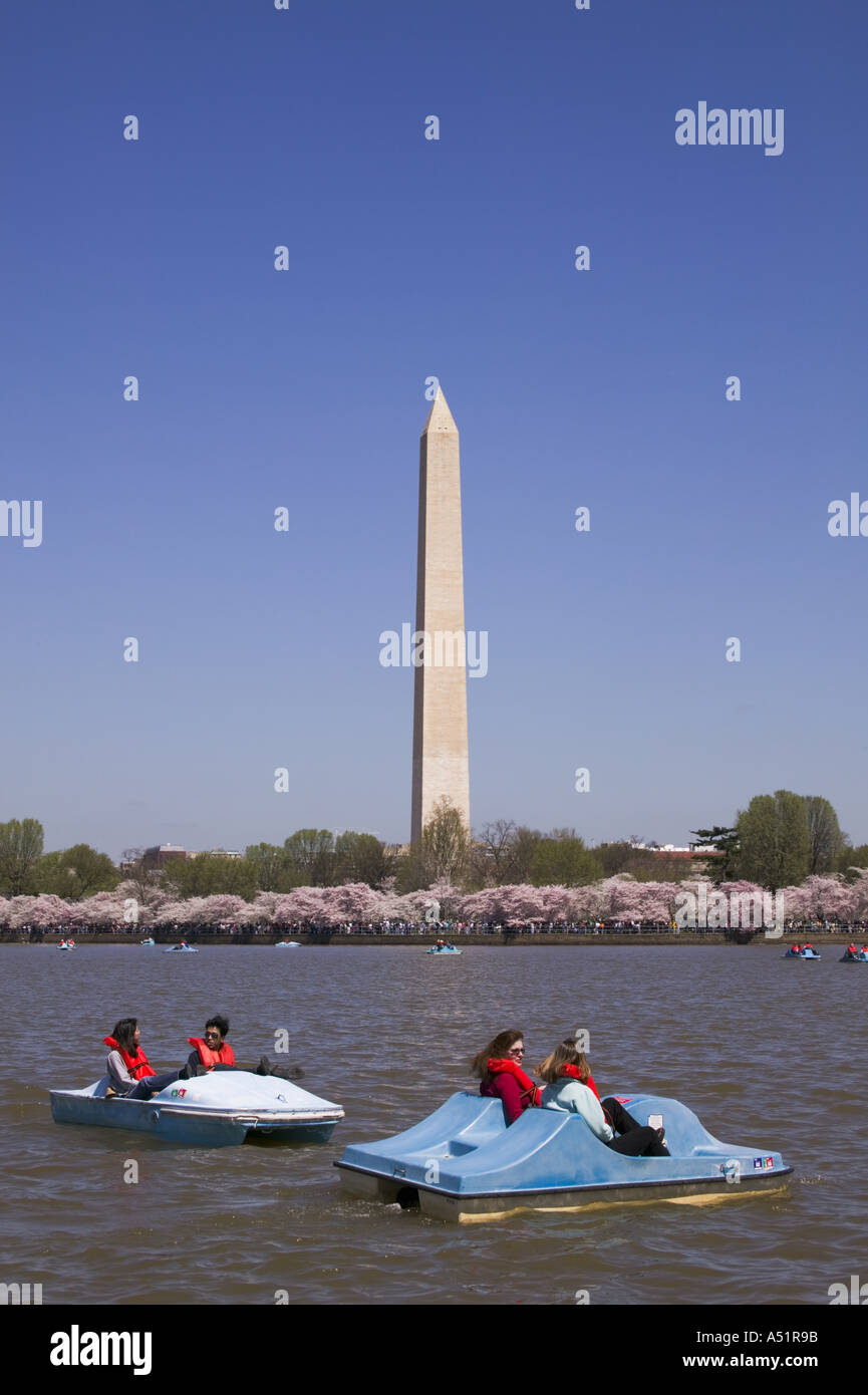 People in paddle boats in the Potomac River Tidal Basin with the