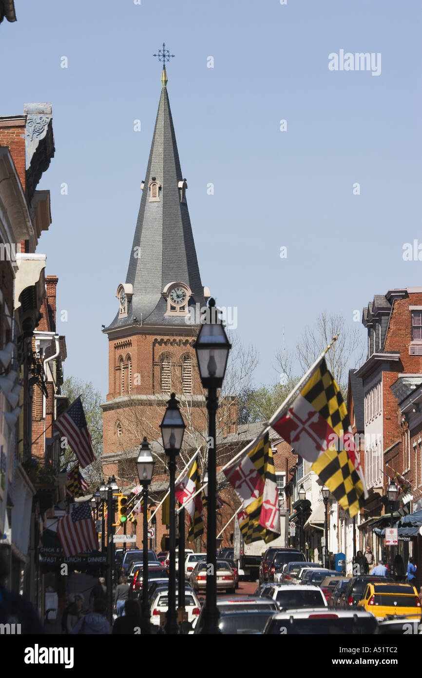 Main street with St Anne's Episcopal Church Annapolis Maryland USA