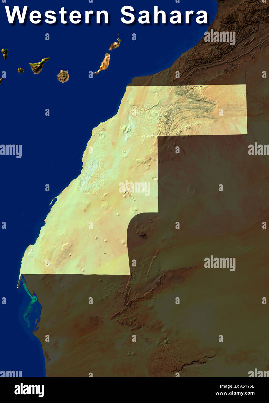 Highlighted Satellite Image Of Western Sahara Stock Photo
