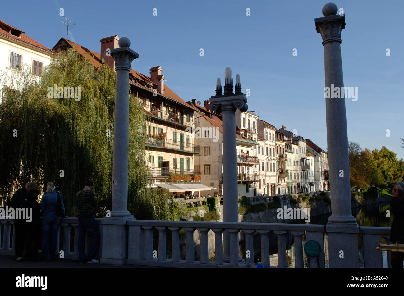 Ljubljana, river Ljubljanica, bridge by Plecnik Stock Photo