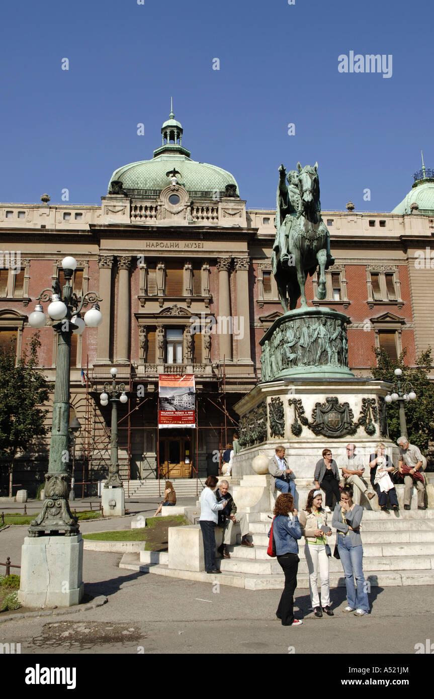 Beograd, city center, square Trg Republike, statue prince Mihailo Obrenovic Stock Photo