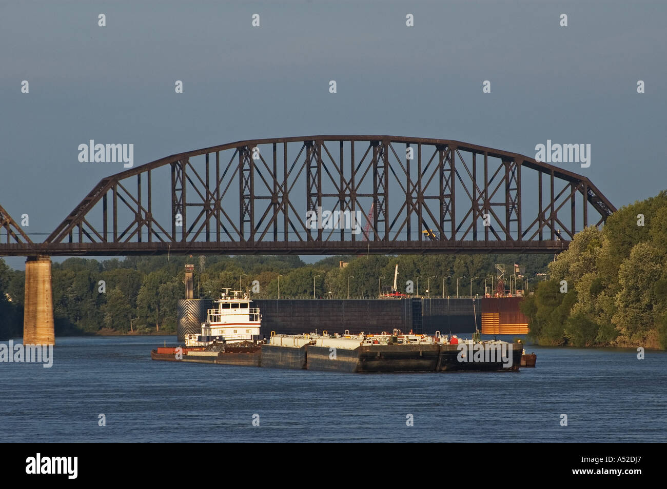 Tug Boat Barge Exiting McAlpine Lock Dam On The Ohio River Louisville Kentucky Stock Photo