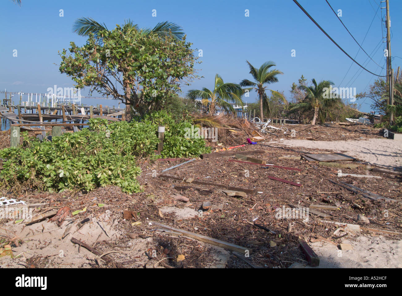 Hurricane Jeanne storm damage storm surge pushed debris into roadway Hutchinson Island Stock Photo