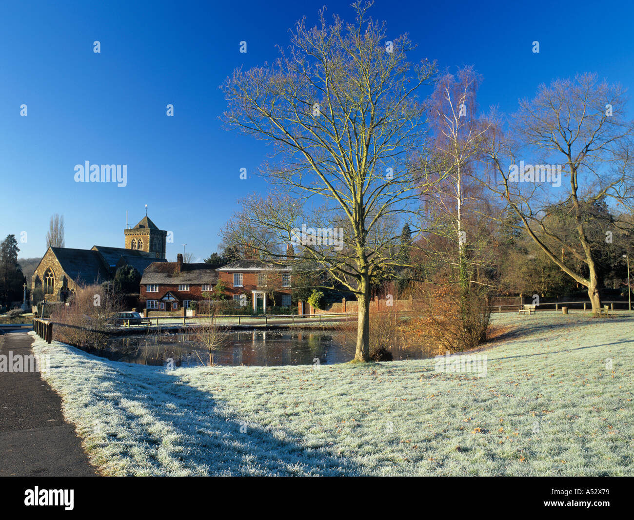 Picturesque Wealden village pond in winter. Chiddingfold Surrey England UK Stock Photo