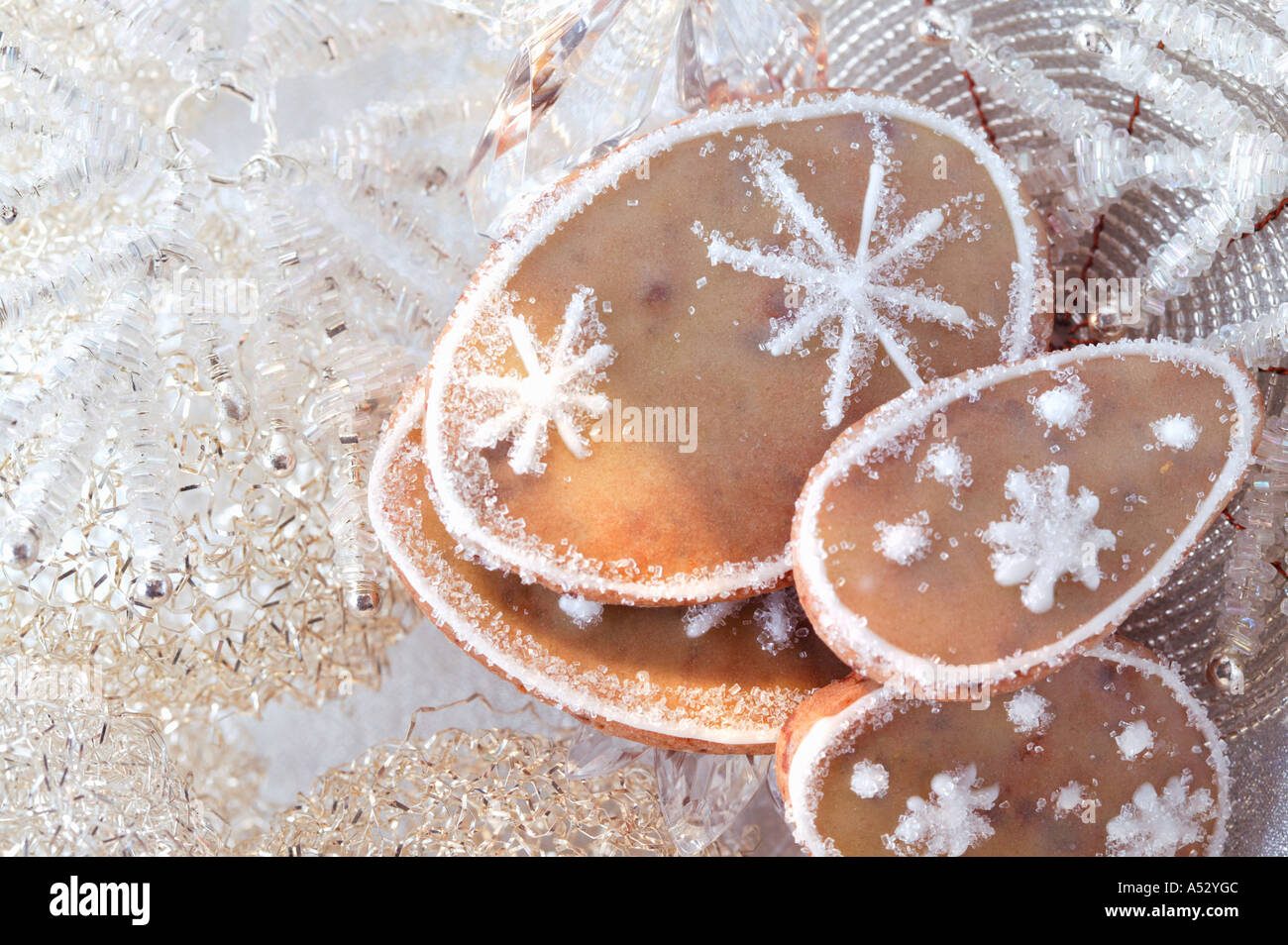 Orange biscuits with snow crystals Stock Photo