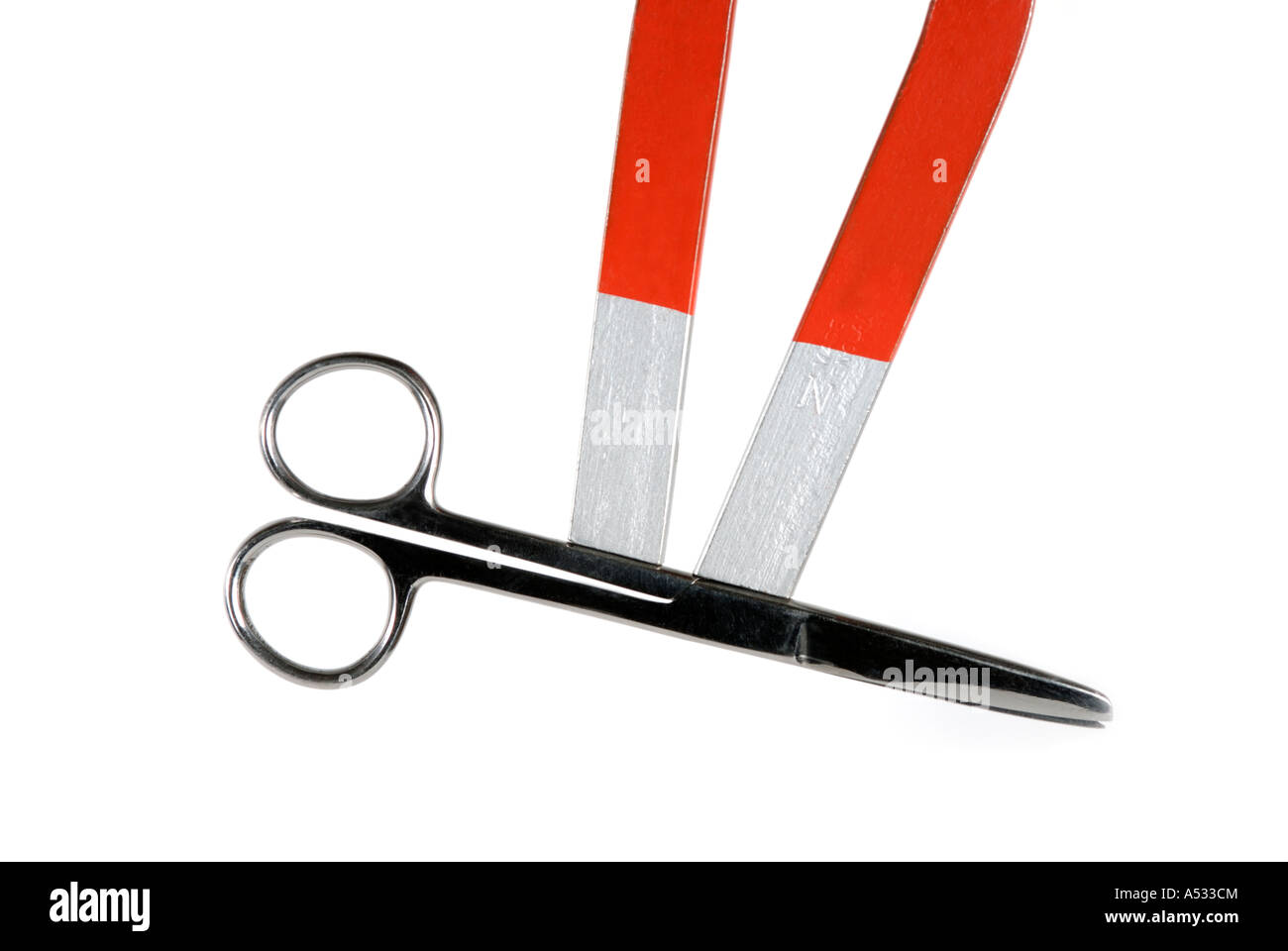 Horseshoe shaped two pole magnet with scissors attached Stock Photo