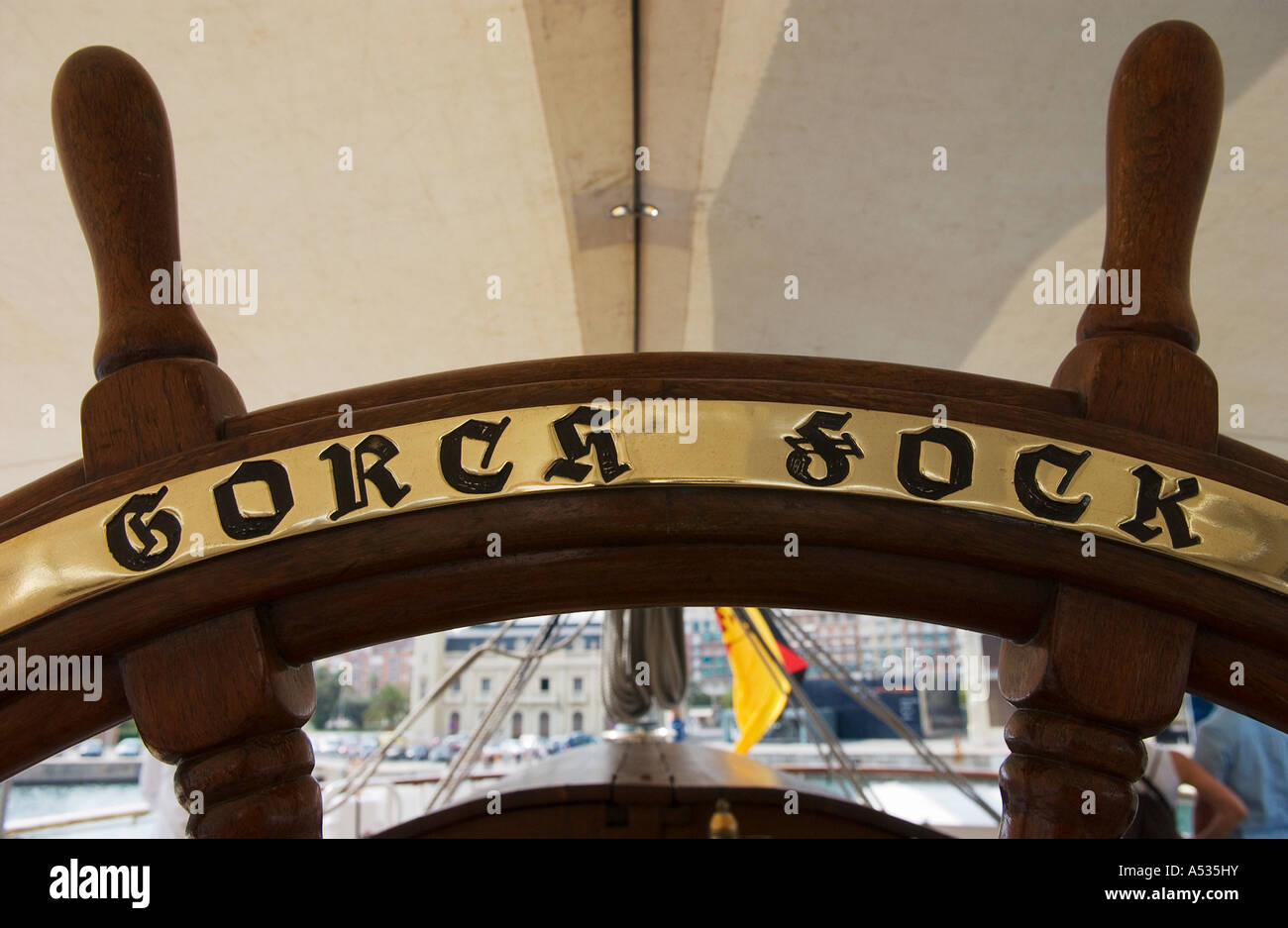 wooden Helm on the german tall ship Gorch Fock Stock Photo