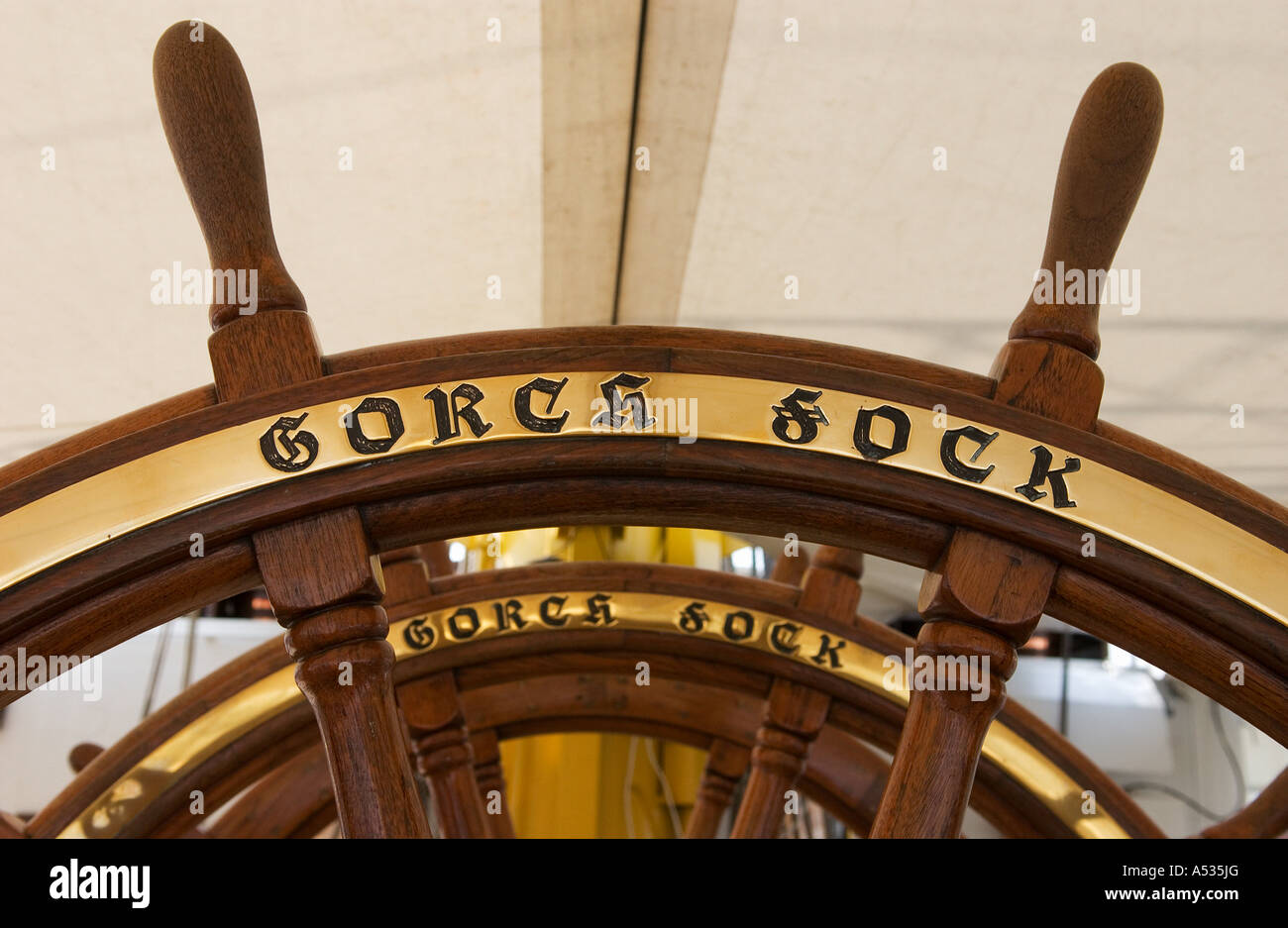 wooden Helm on the german tall ship Gorch Fock Stock Photo