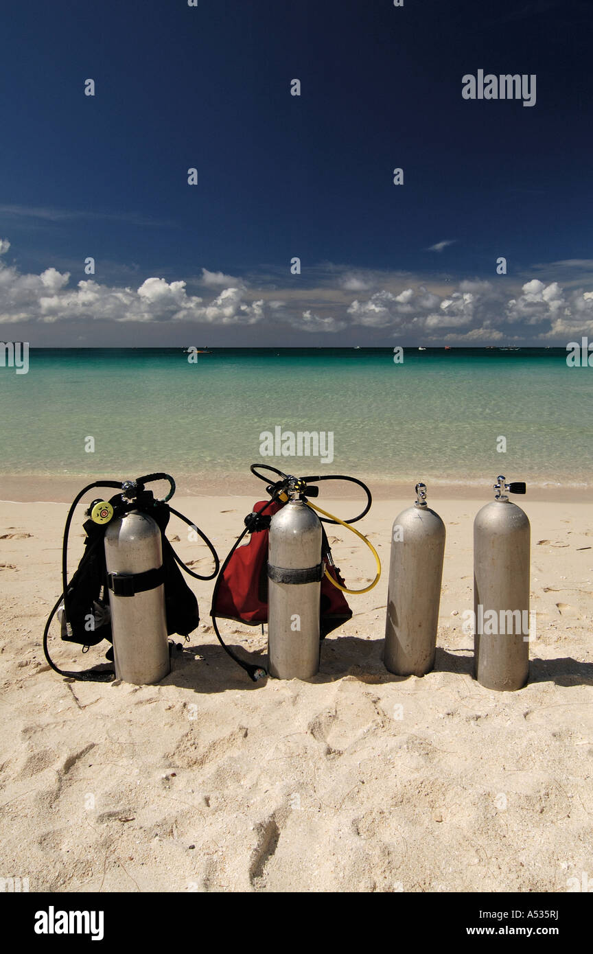 Scuba diving tanks on the beach of Boracay Philippines 2006 Stock Photo