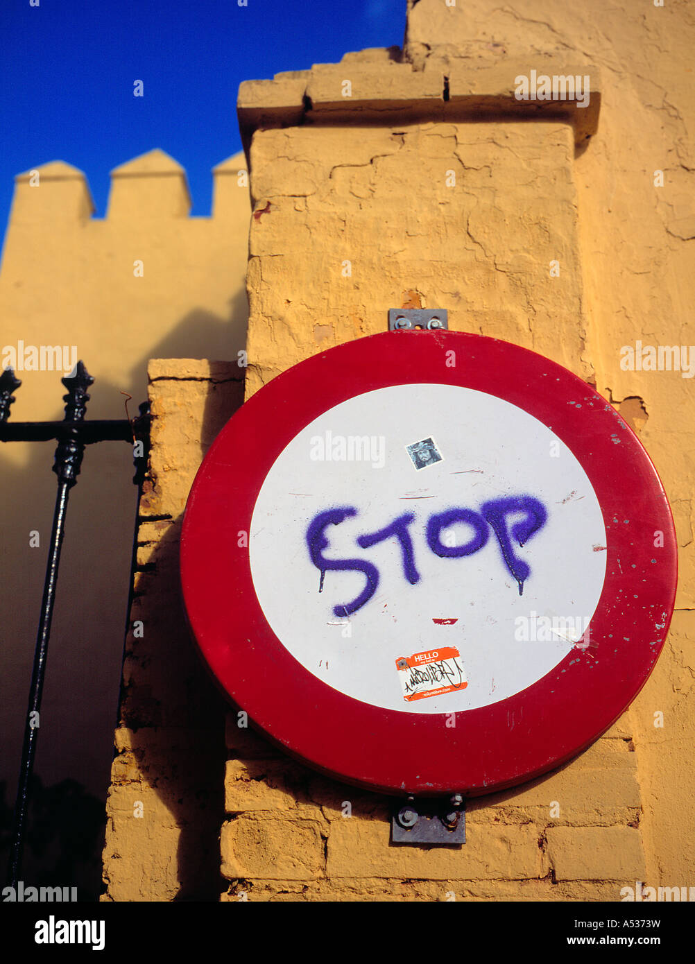 traffic sign with graffity at Chipiona Spain Andalucia Europe. Photo by Willy Matheisl Stock Photo