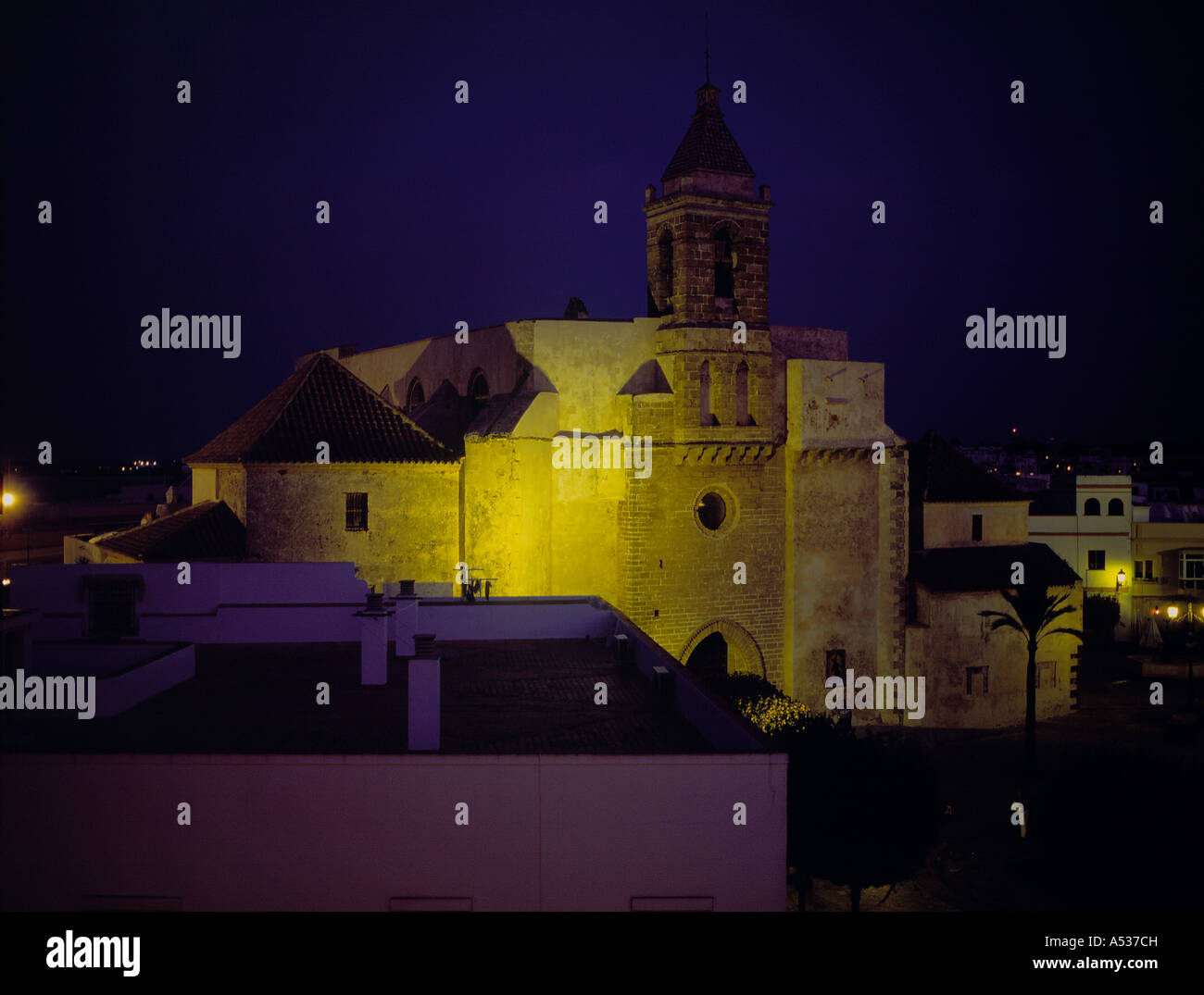 castle of the moon at night in the village of Rota, Andalusia, Spain ...