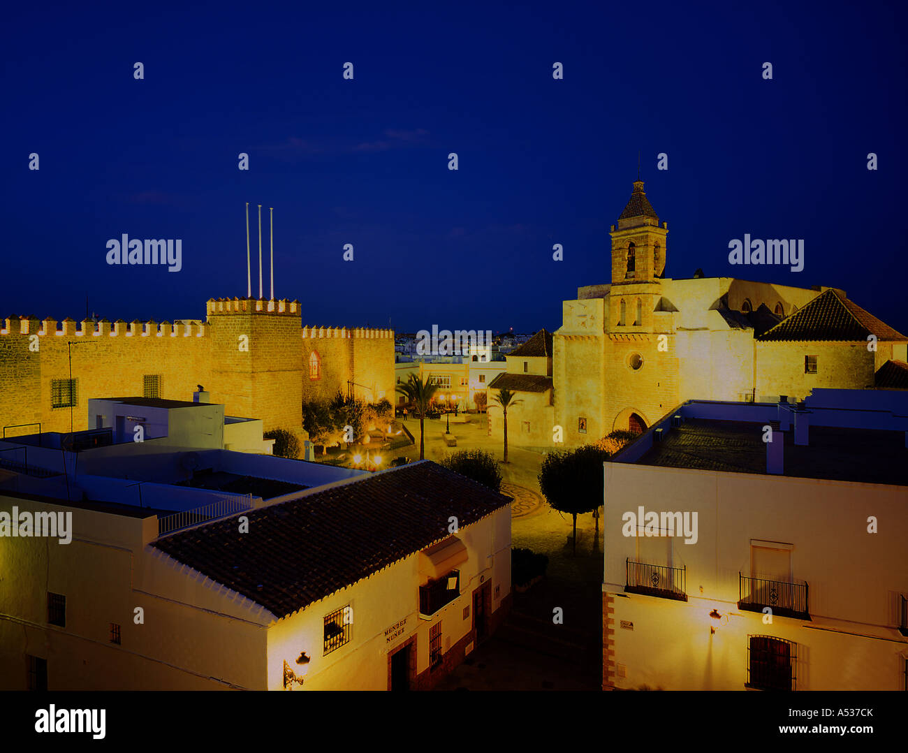 illuminated castle of the moon at night in the village of Rota ...