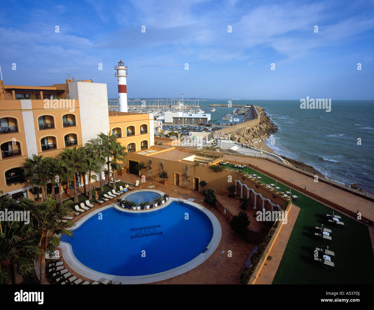 lighthouse and hotel at Rota, Andalusia, Andalusia Base Beach, Cadiz