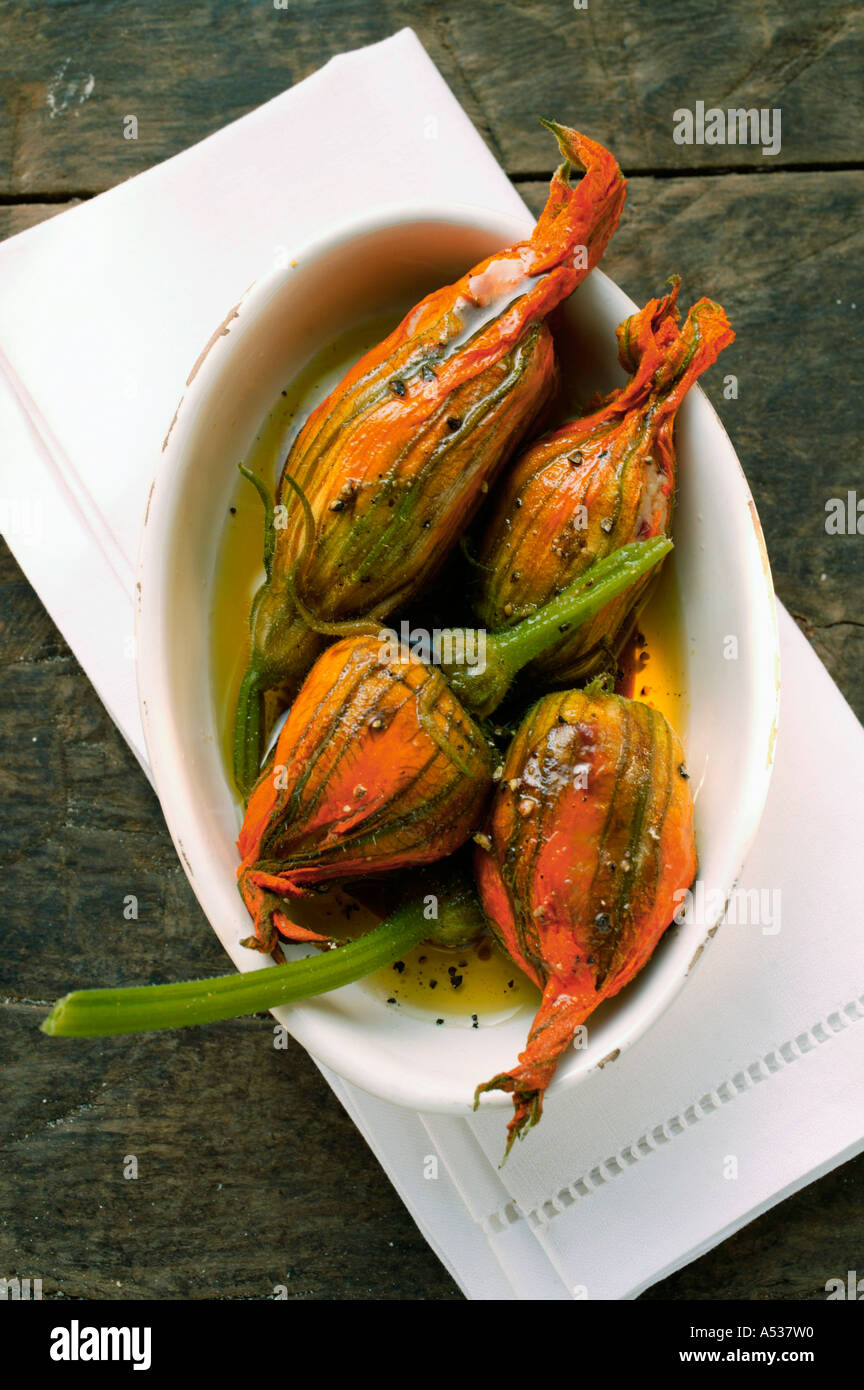 Marinated stuffed courgette flowers Stock Photo Alamy