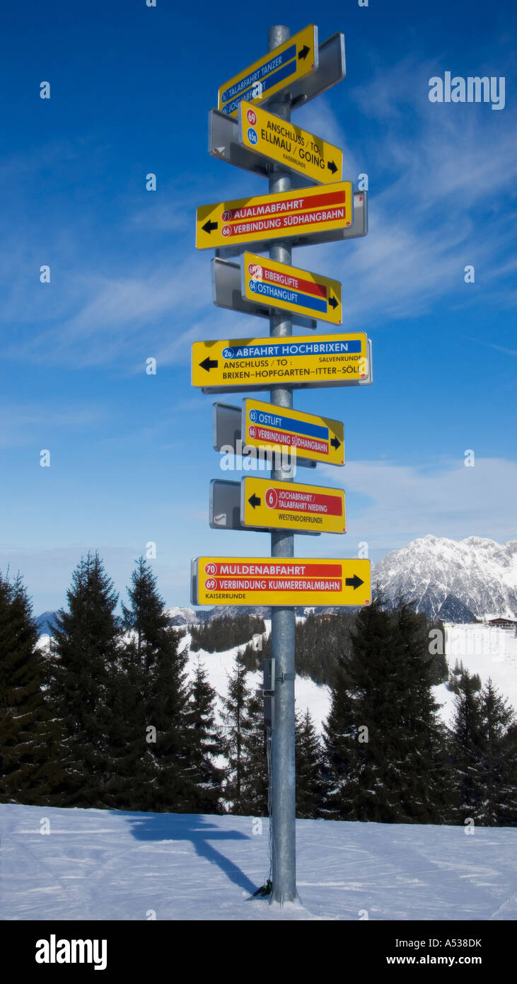 Ski signpost in Zinsberg in the SkiWelt, Soll, Austrian Alps Stock Photo
