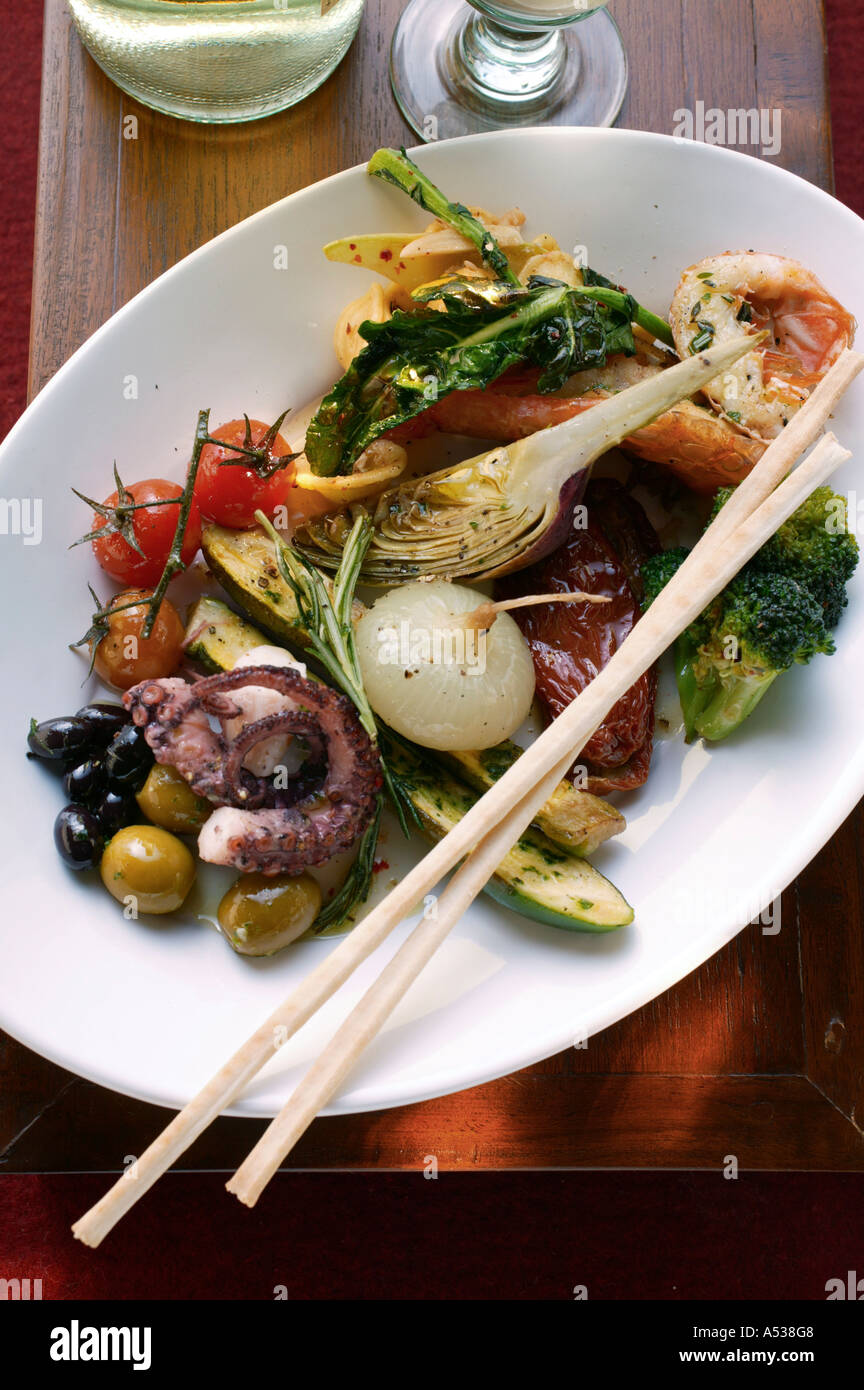Antipasti platter of marinated vegetables seafood Stock Photo Alamy