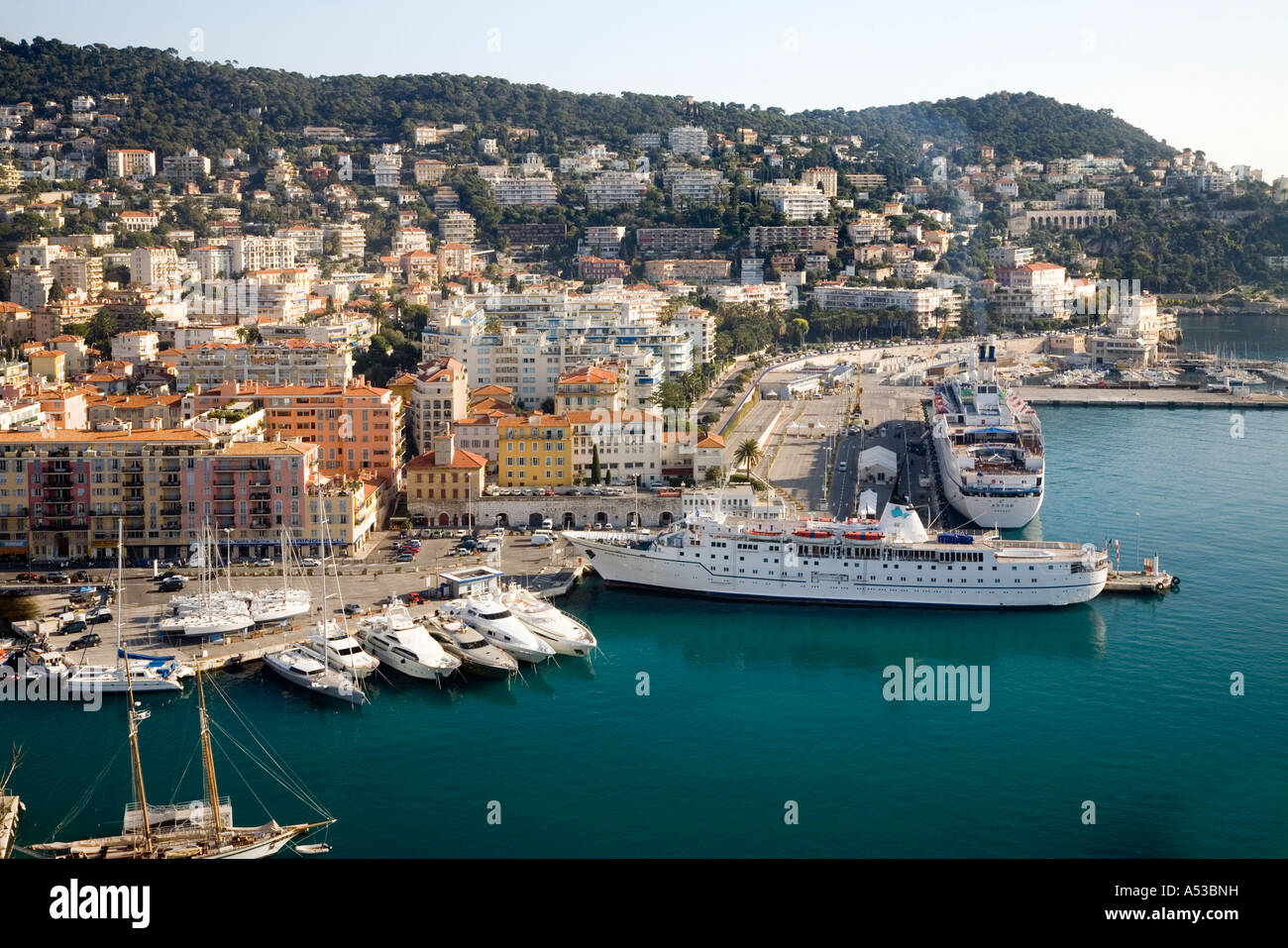 Port Lympia, Port Du Commerce and Villefranche from Le Chateau, Nice, Southern France. Stock Photo