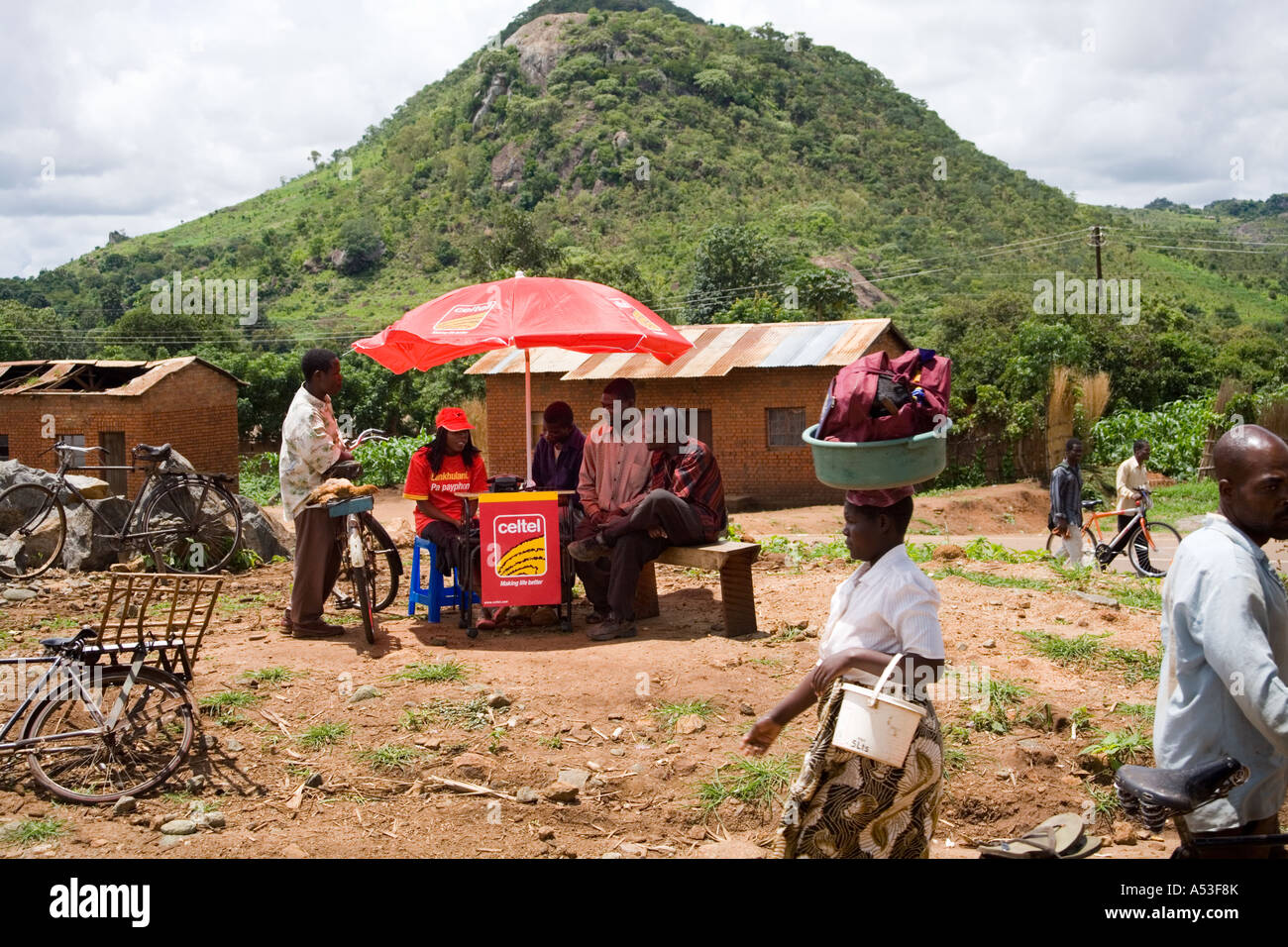 Telephone booth at the Saturday market in the village of Nkhoma Malawi Africa Stock Photo