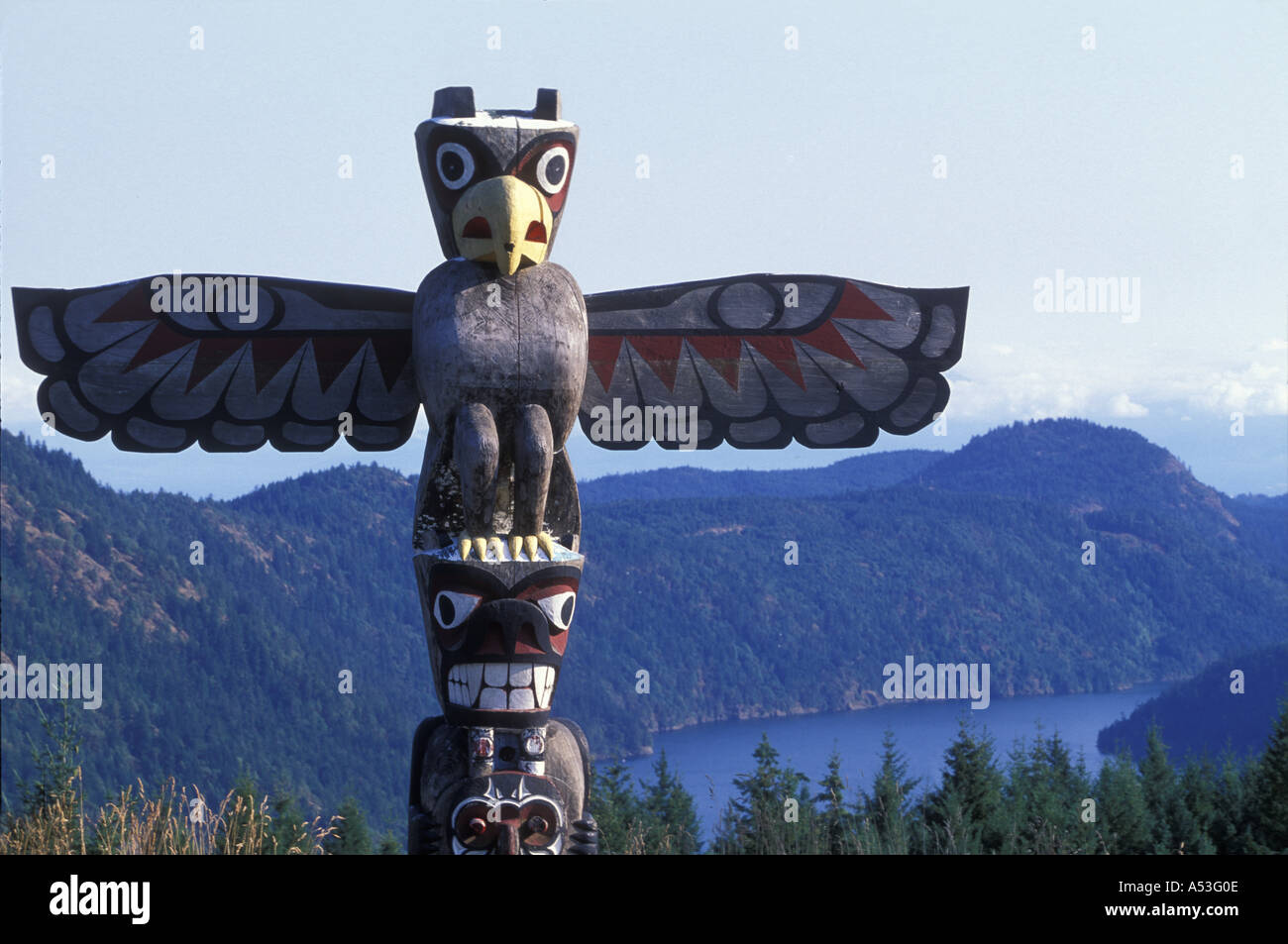 Canada British Columbia Salish Bear Pole totem overlooking Saanich ...