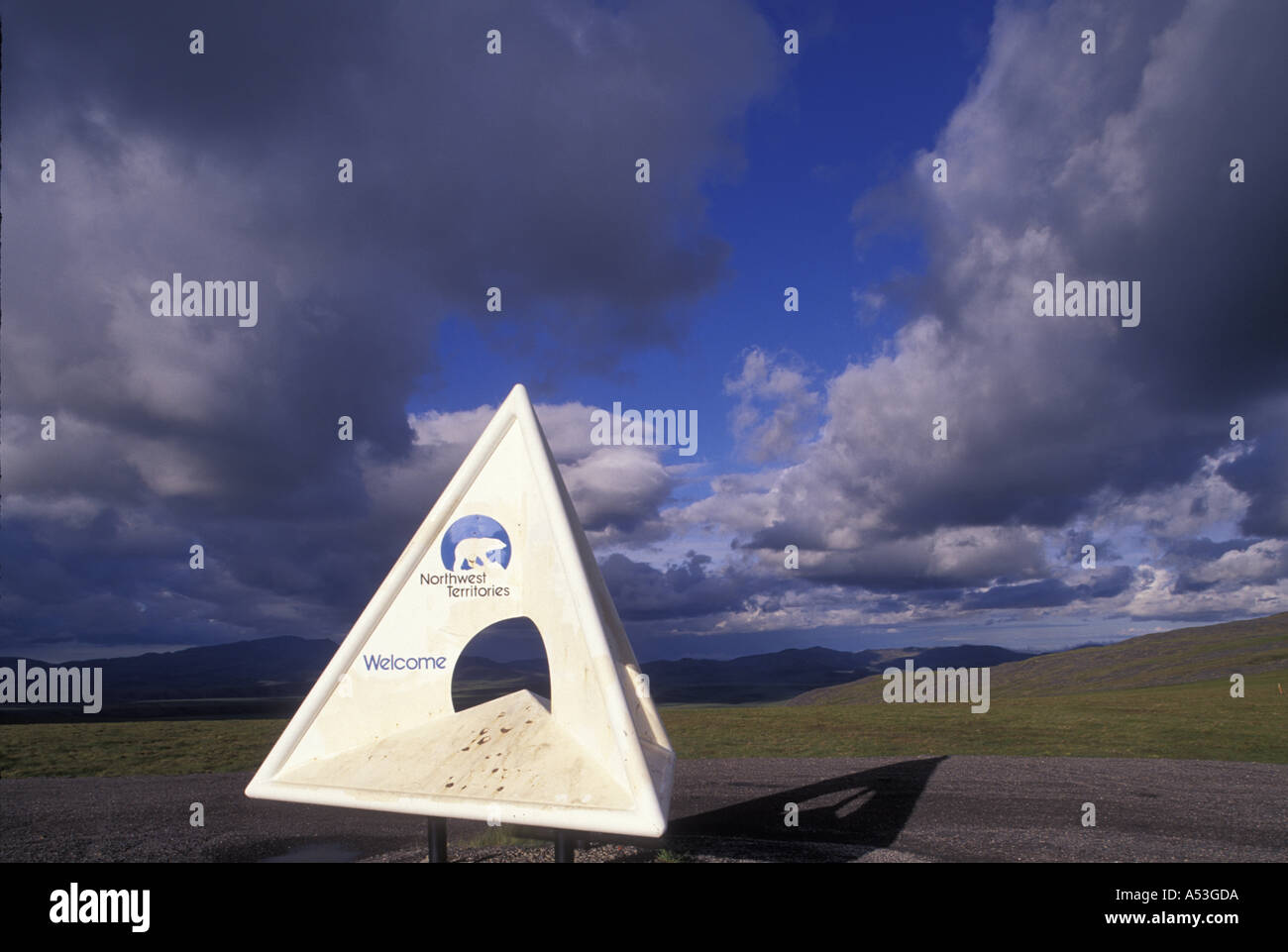 Canada Northwest Territories Road sign marks border with Yukon Territories north of Arctic Circle Stock Photo