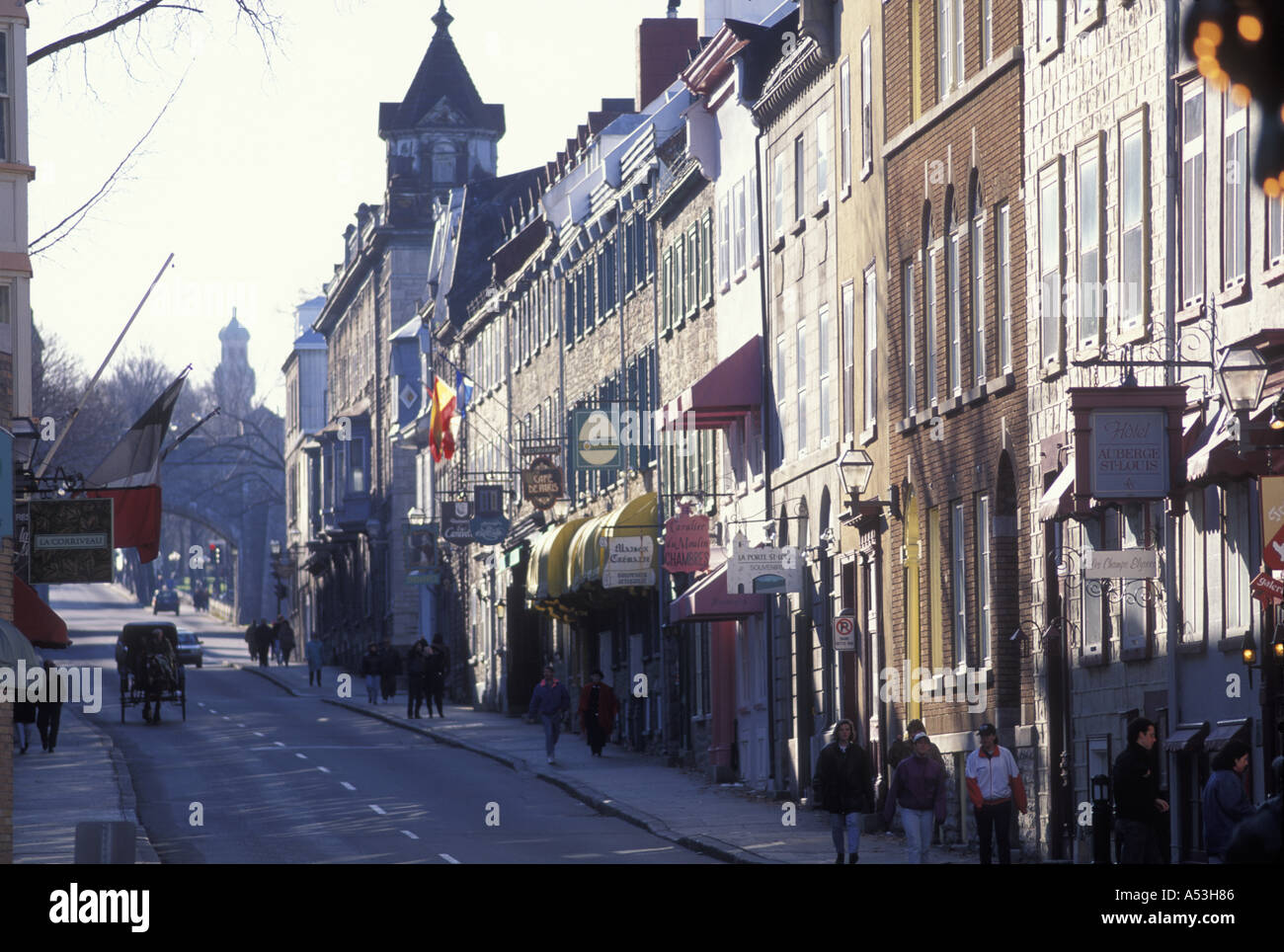 Canada Quebec Quebec City Morning sun lights row of houses in Vieux Quebec on winter morning Stock Photo