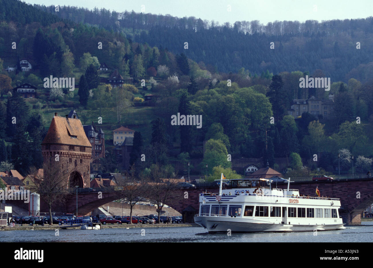 Germany: Miltenberg on the Main river, Bavaria, capital city of the same named county, left: tower of the bridge across the Stock Photo