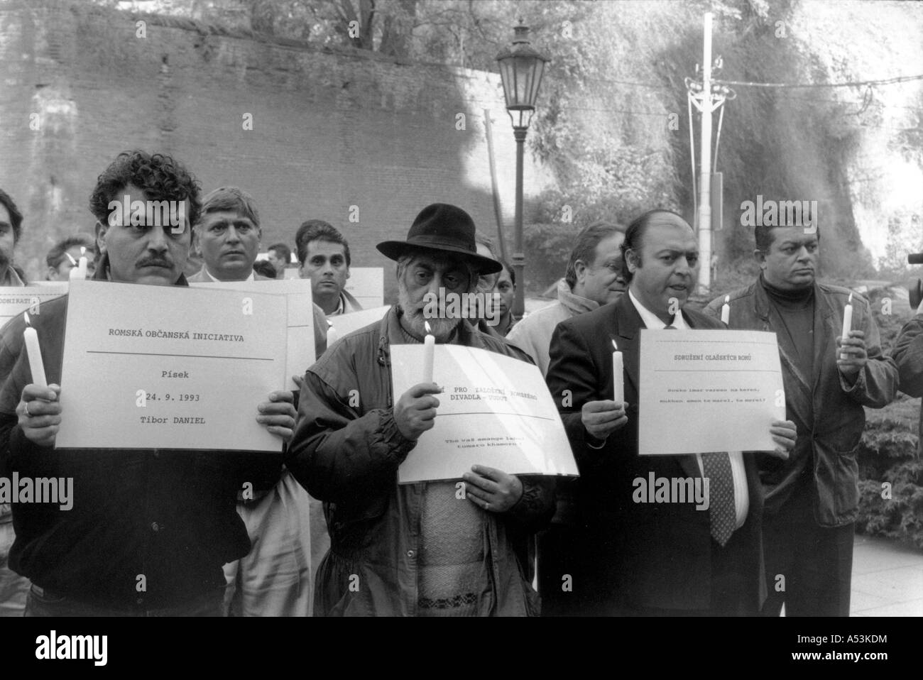 Painet ha1532 309 black and white gypsies demonstrating several community members slain by skinheads prague czech republic Stock Photo
