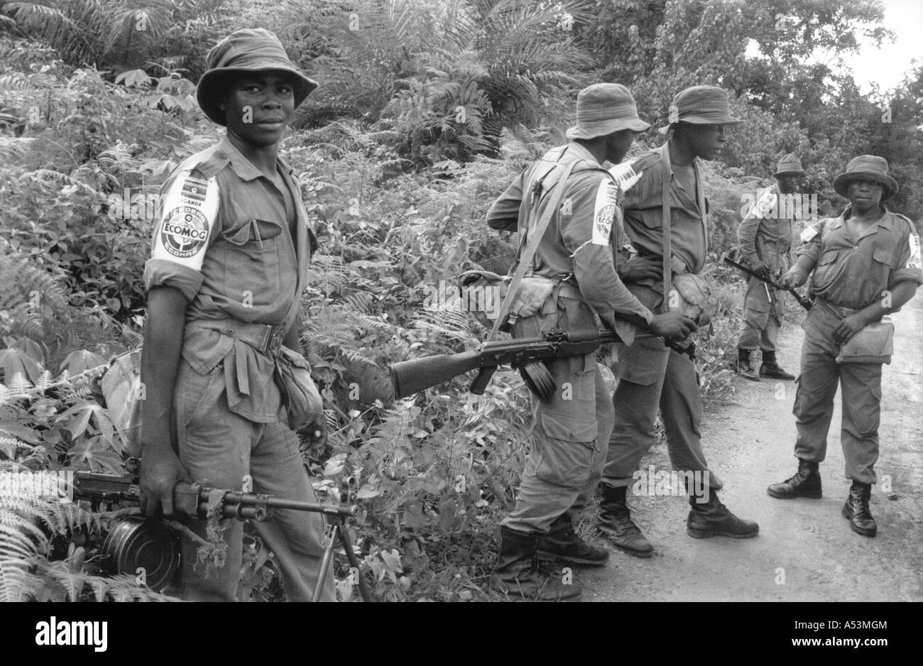 Painet ha1412 237 black and white war ecomog ugandan soldiers patrol liberia country developing nation less economically Stock Photo